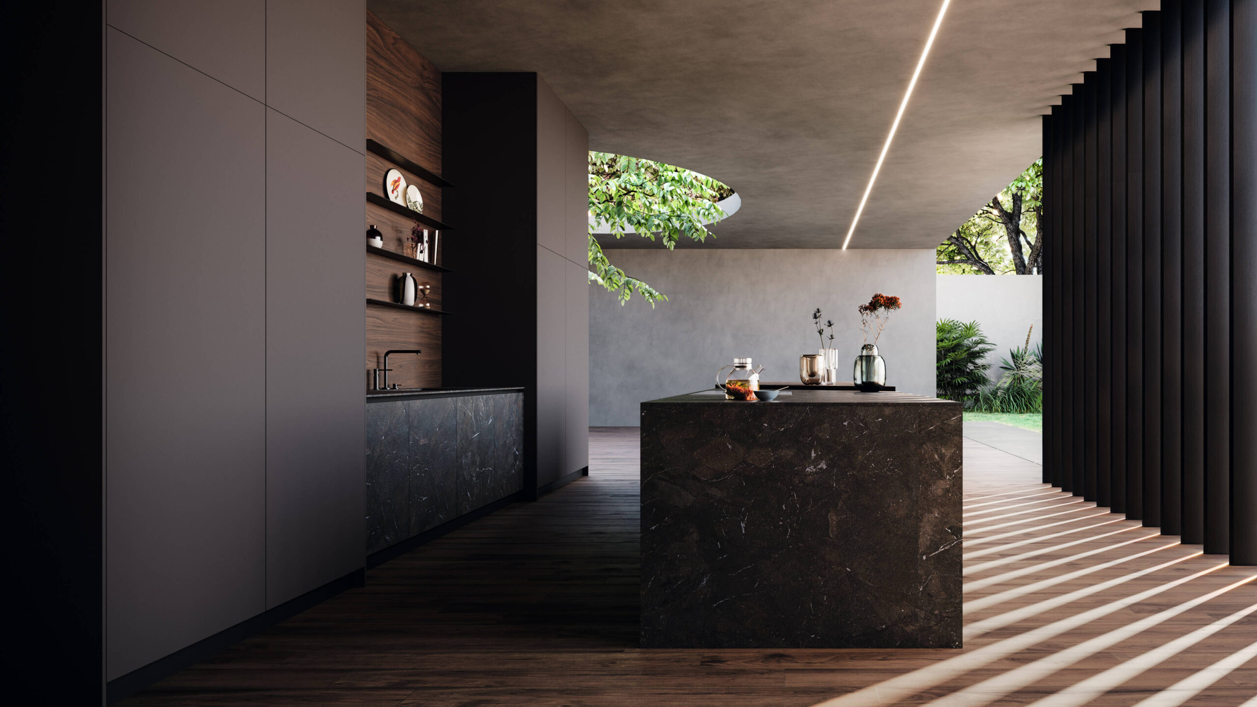 Luxury brown modern kitchen island with slatted wood interior architecture.