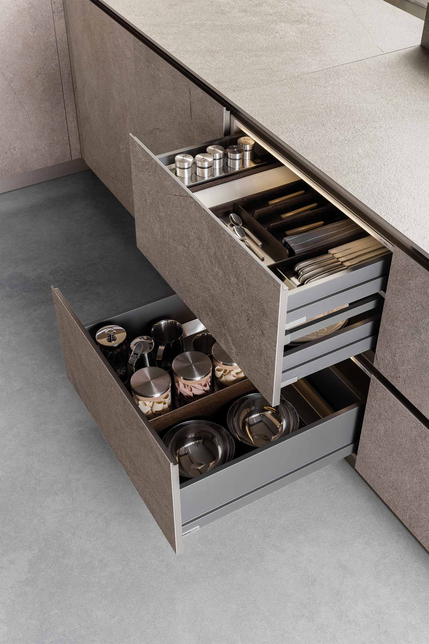 Smoke oak and steel finished internal drawer organisers for the kitchen deep drawers.