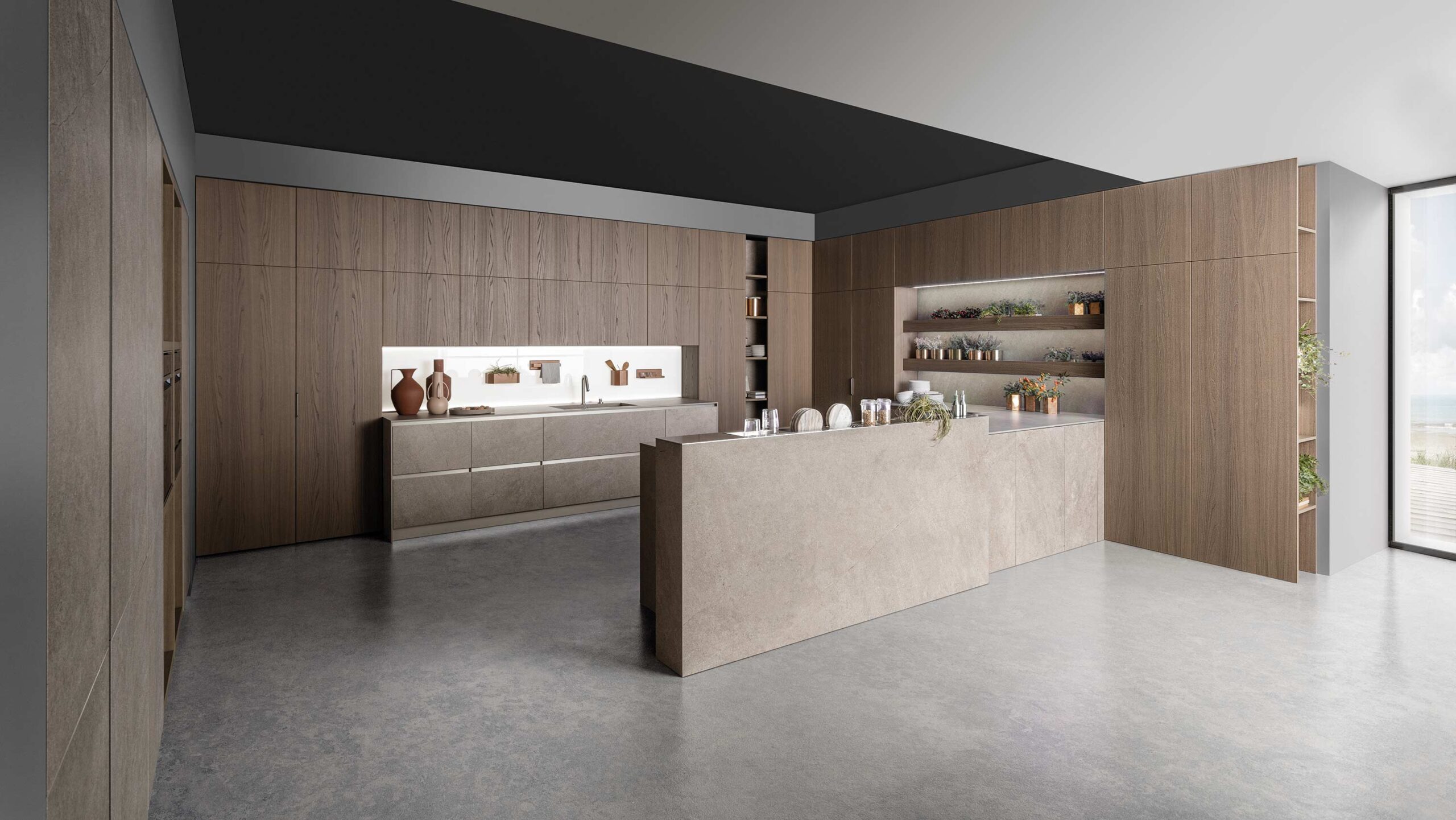 Premium Elmwood veneer luxury handleless kitchen with Inalco Jasper porcelain worktop