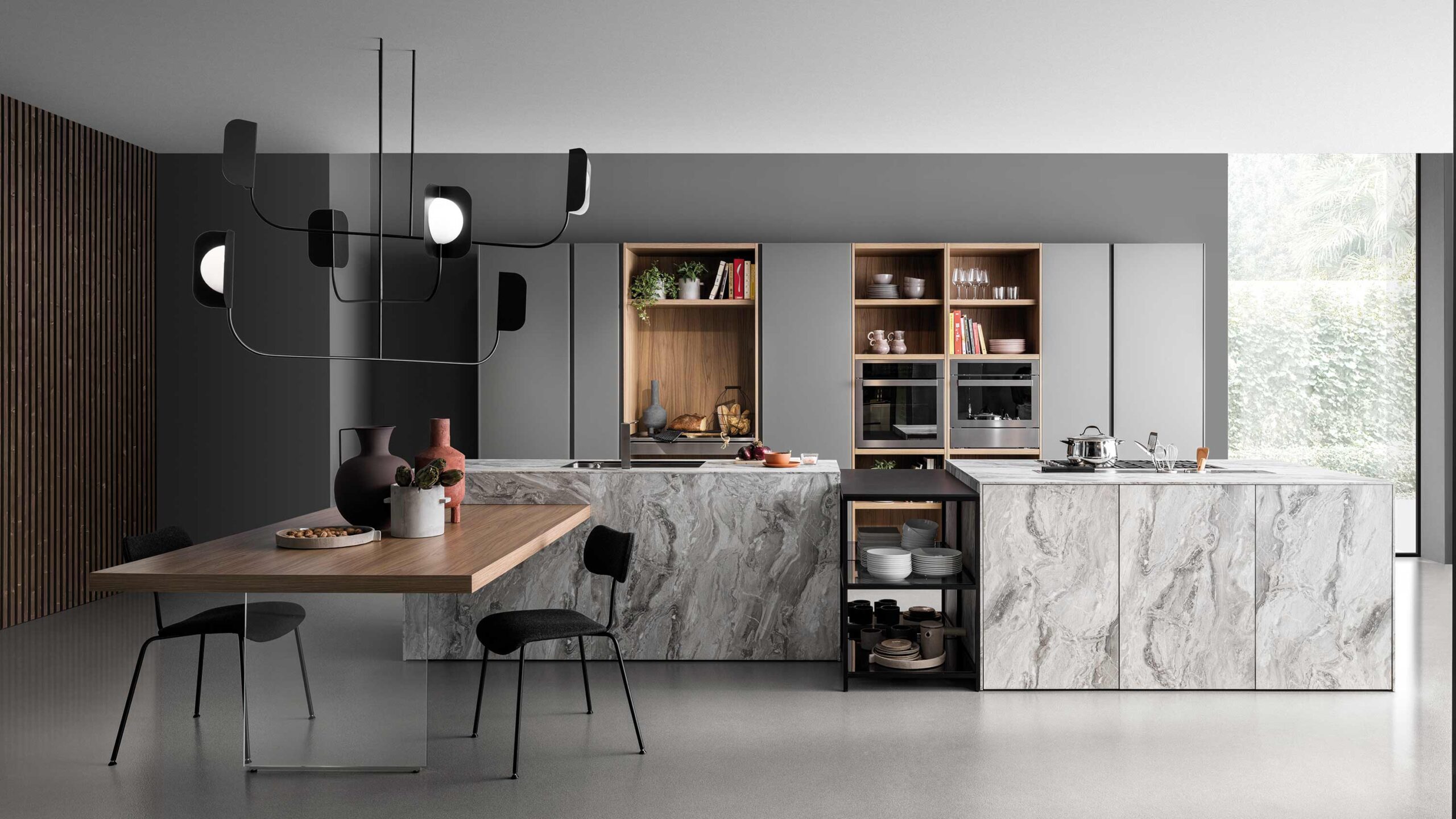 Krieder luxury marble effect kitchen with walnut snackbar