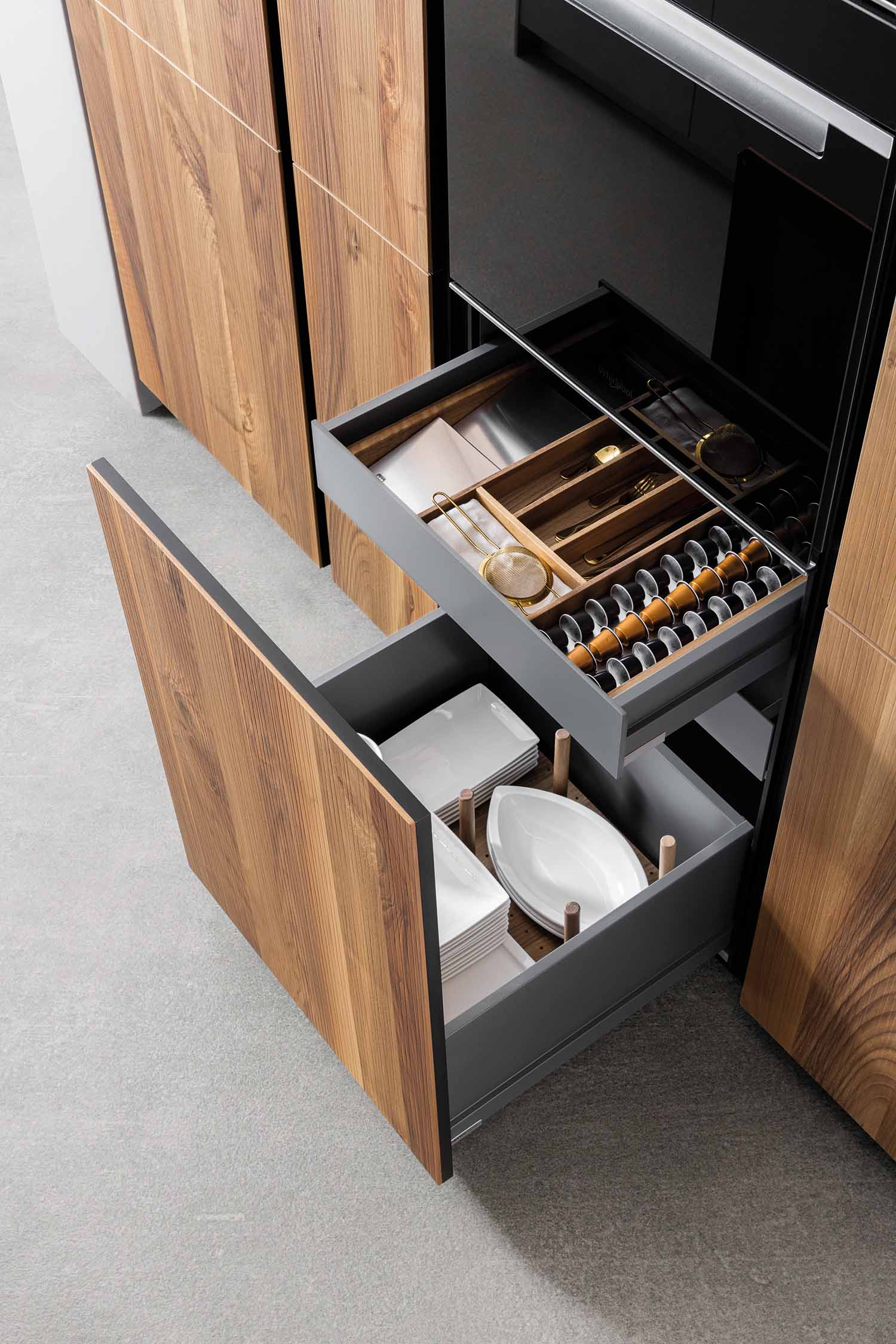 Kitchen deep drawer with internal drawer boxes and organisers.