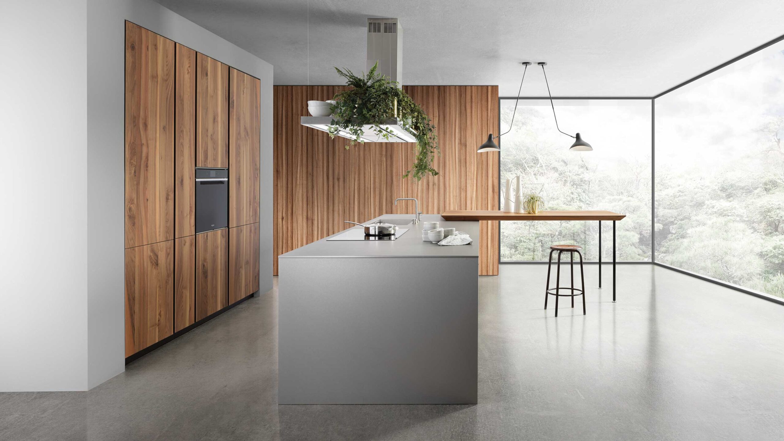 Modern stainless steel kitchen with luxury walnut veneer
