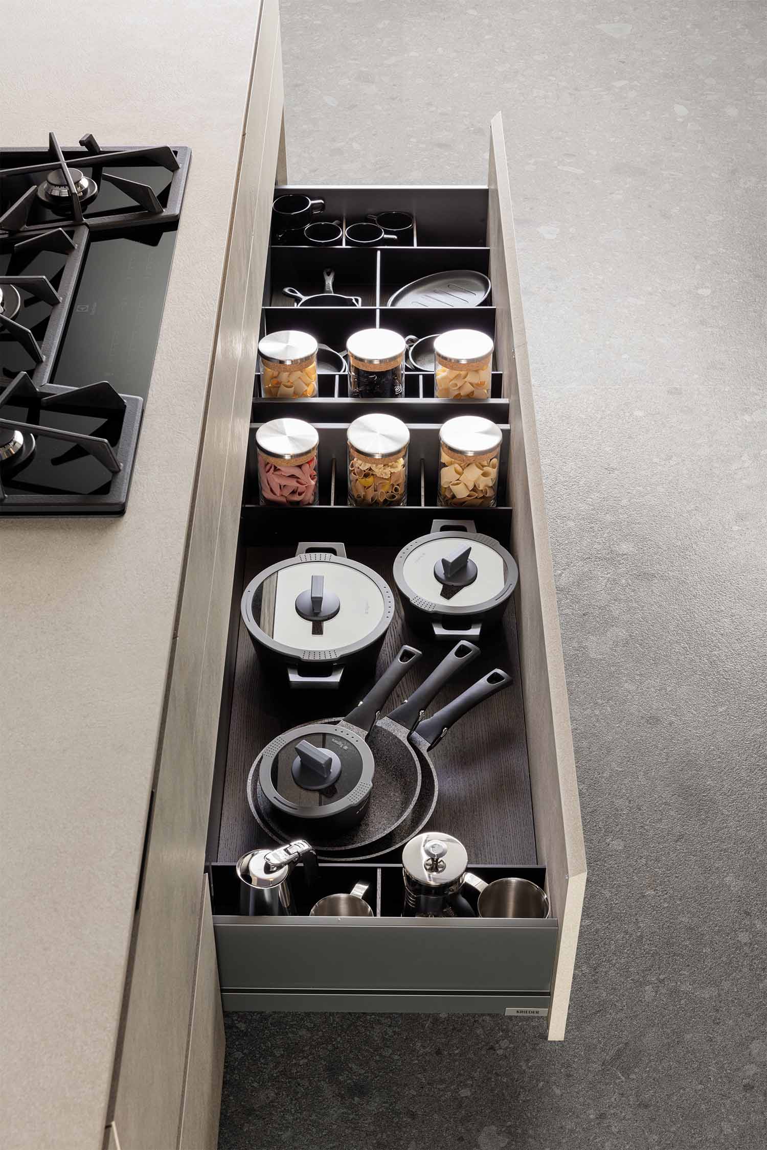 Kitchen Inner deep drawer organisers supplied in 45cm - 120cm modules.