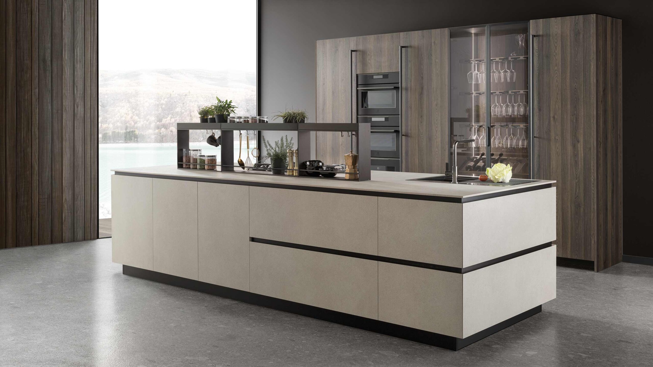 Modern kitchen island design with 30 degree mitred edge, glass tall units and oak veneer