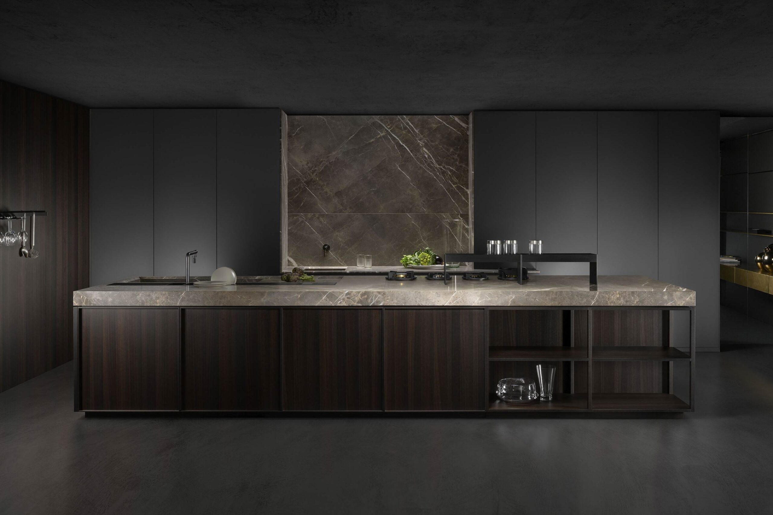 High-end luxury kitchen island with eucalyptus wood tray door with thick marble worktop