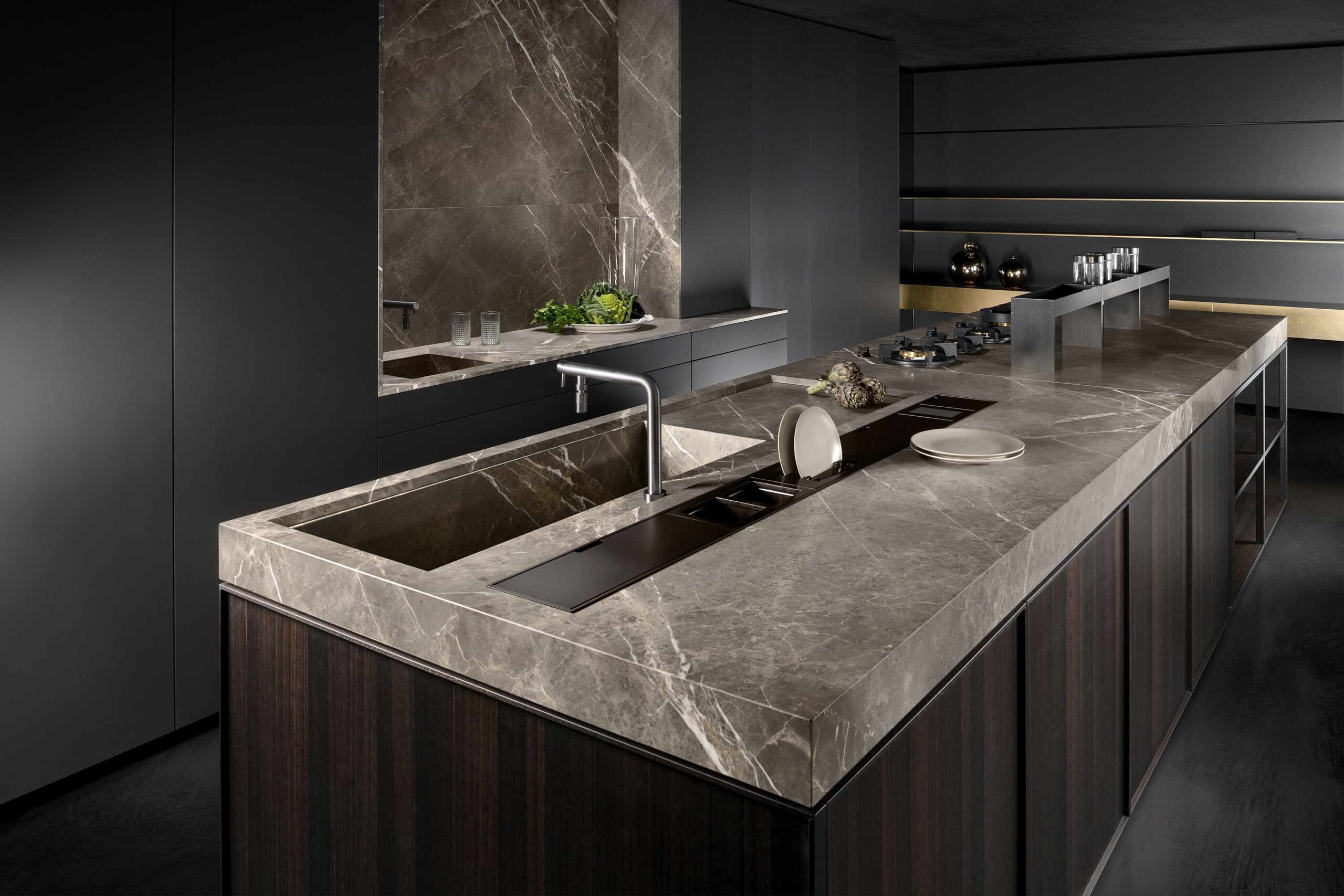 High-end luxury kitchen island with eucalyptus wood tray door with thick marble worktop
