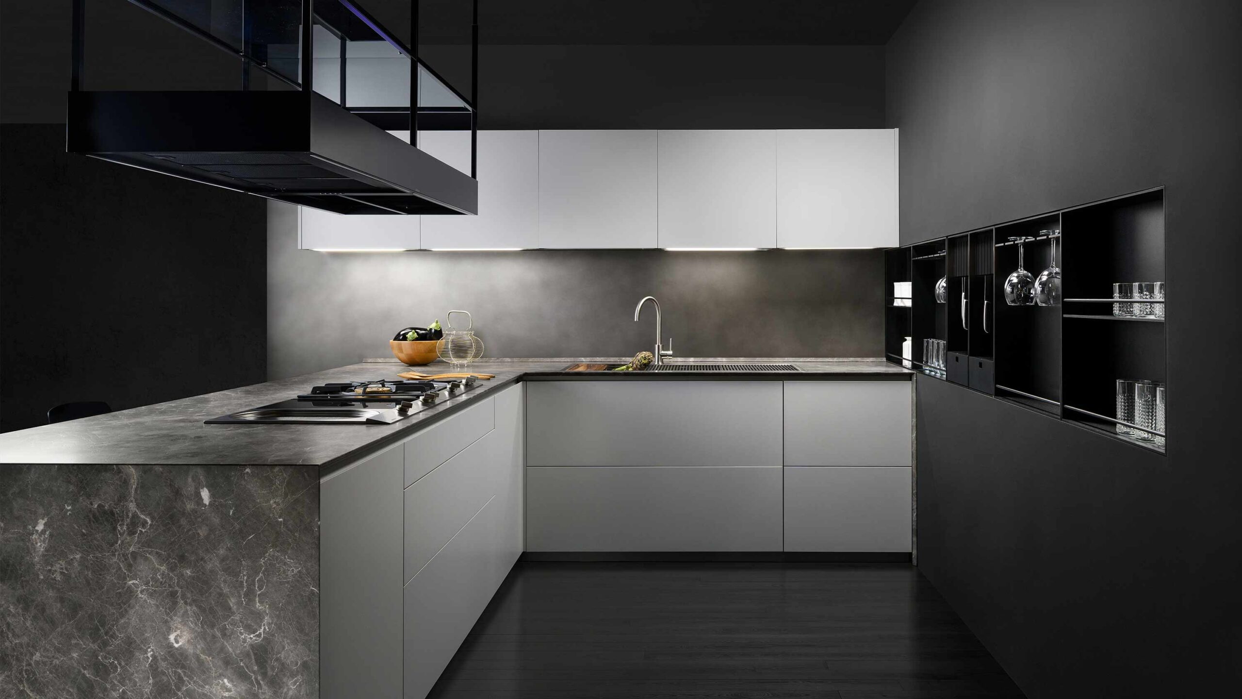 Luxury white lacquered acrylic kitchen with glossy contrasting grey marble by Krieder