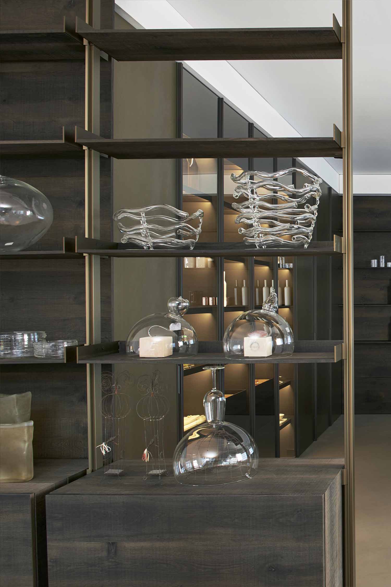 Luxury brass metal bespoke kitchen shelving designed and installed by Krieder.