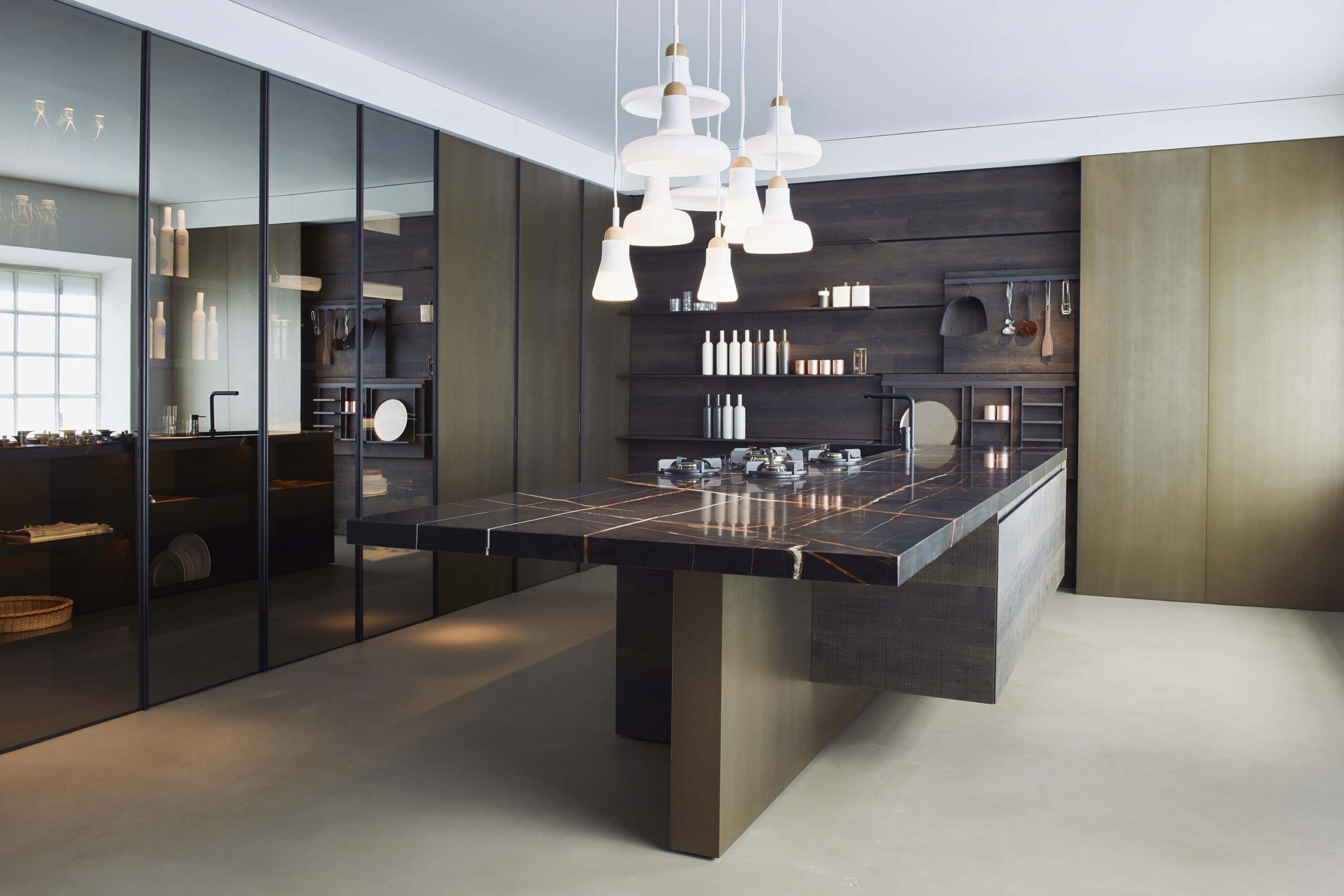 Luxury highend italian kitchen with marble, liquid metal and distressed Oak wood veneer