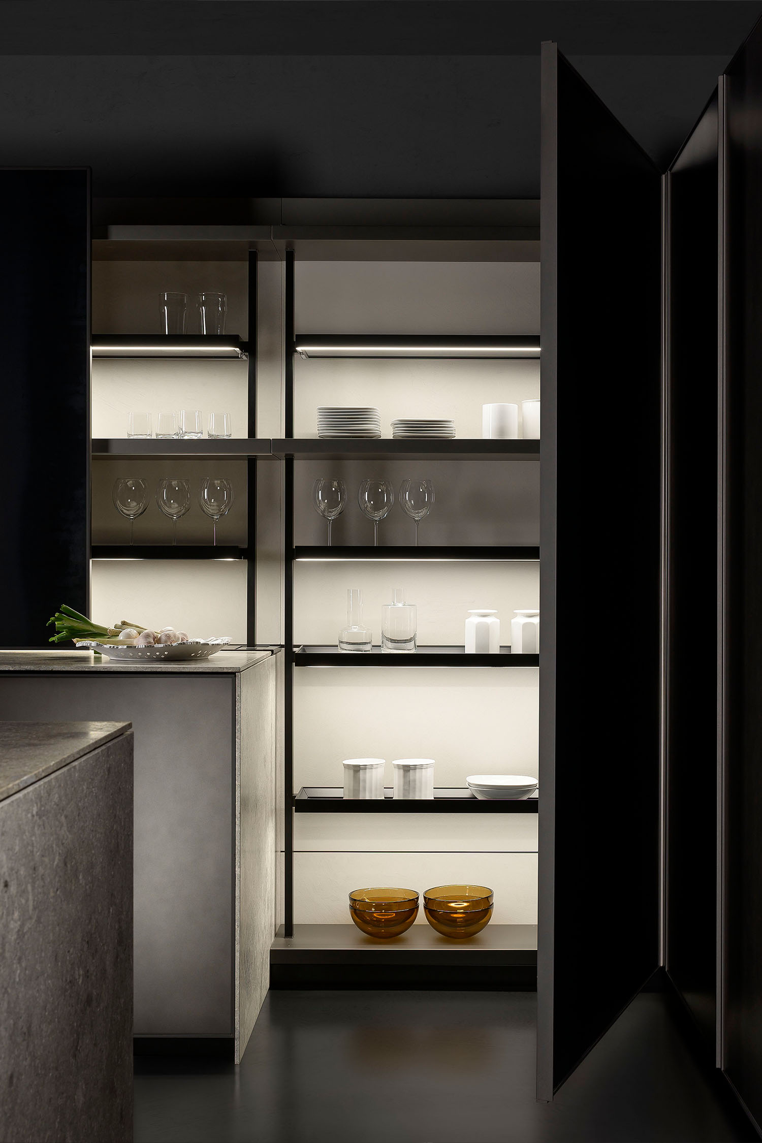 Completely customisable modular kitchen wall storage elements in luxury Scandinavian kitchen