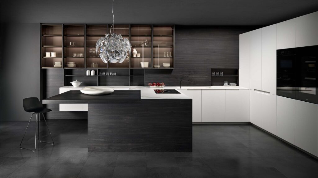 Luxury white modern kitchen with Carrara marble and dark stained oak.