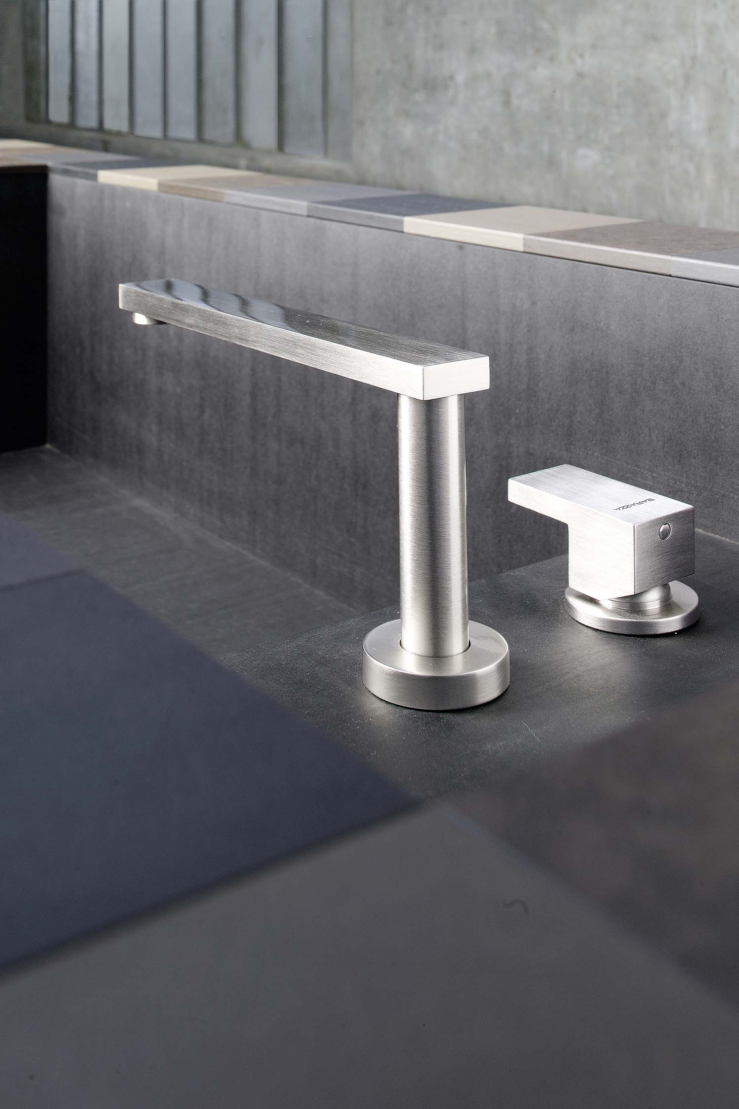 Modern and minimal Barazza® brushed stainless steel tap in luxury kitchen design.