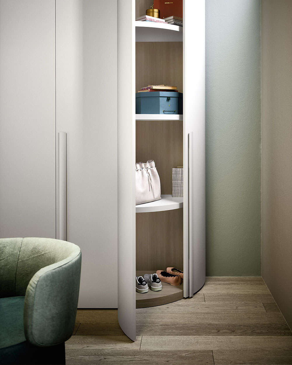 Luxury Italian curved wardrobe design. Designed for your home and fitted by Krieder in the UK.