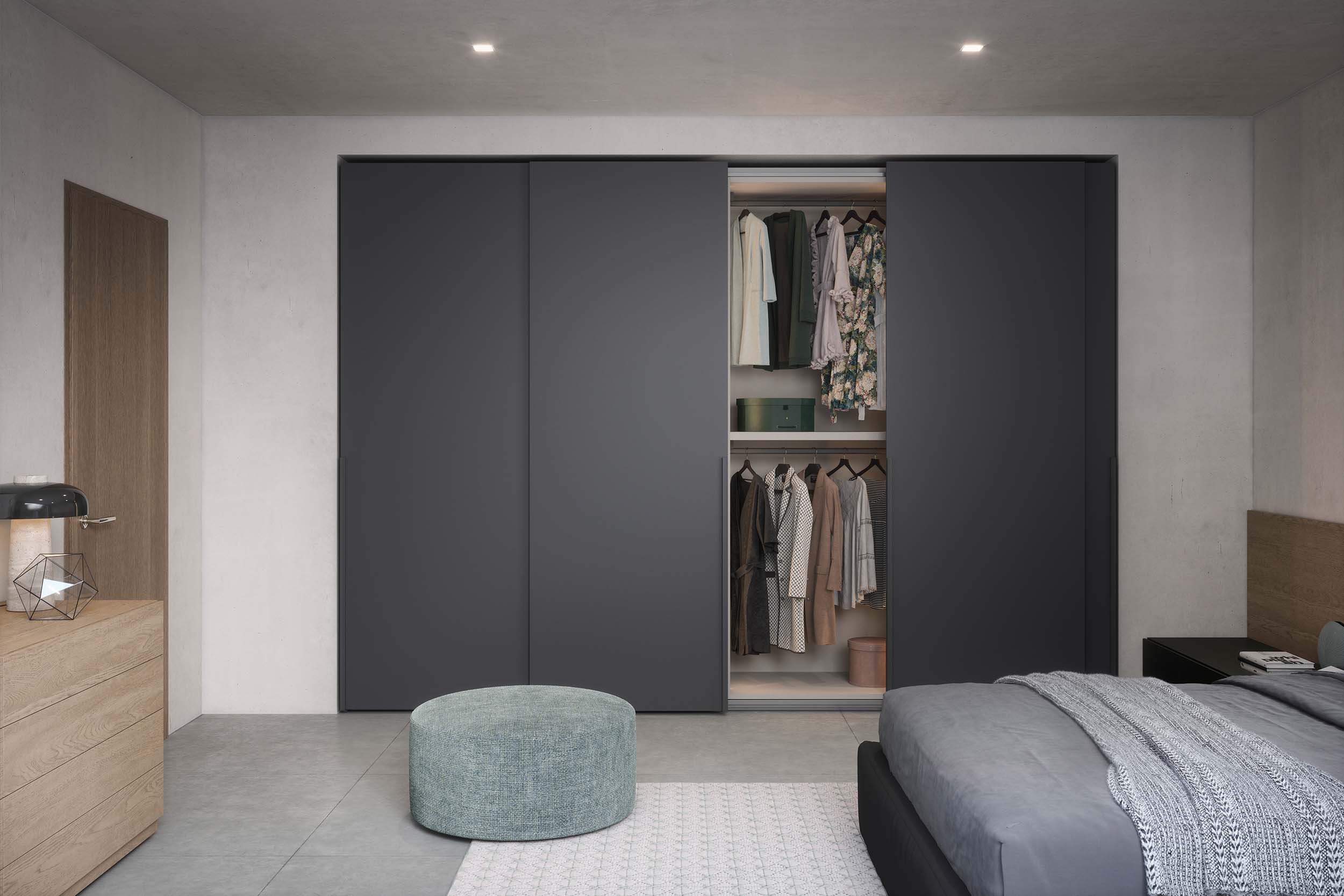 Grey modern Italian sliding wardrobe, designed and fitted by Krieder UK.