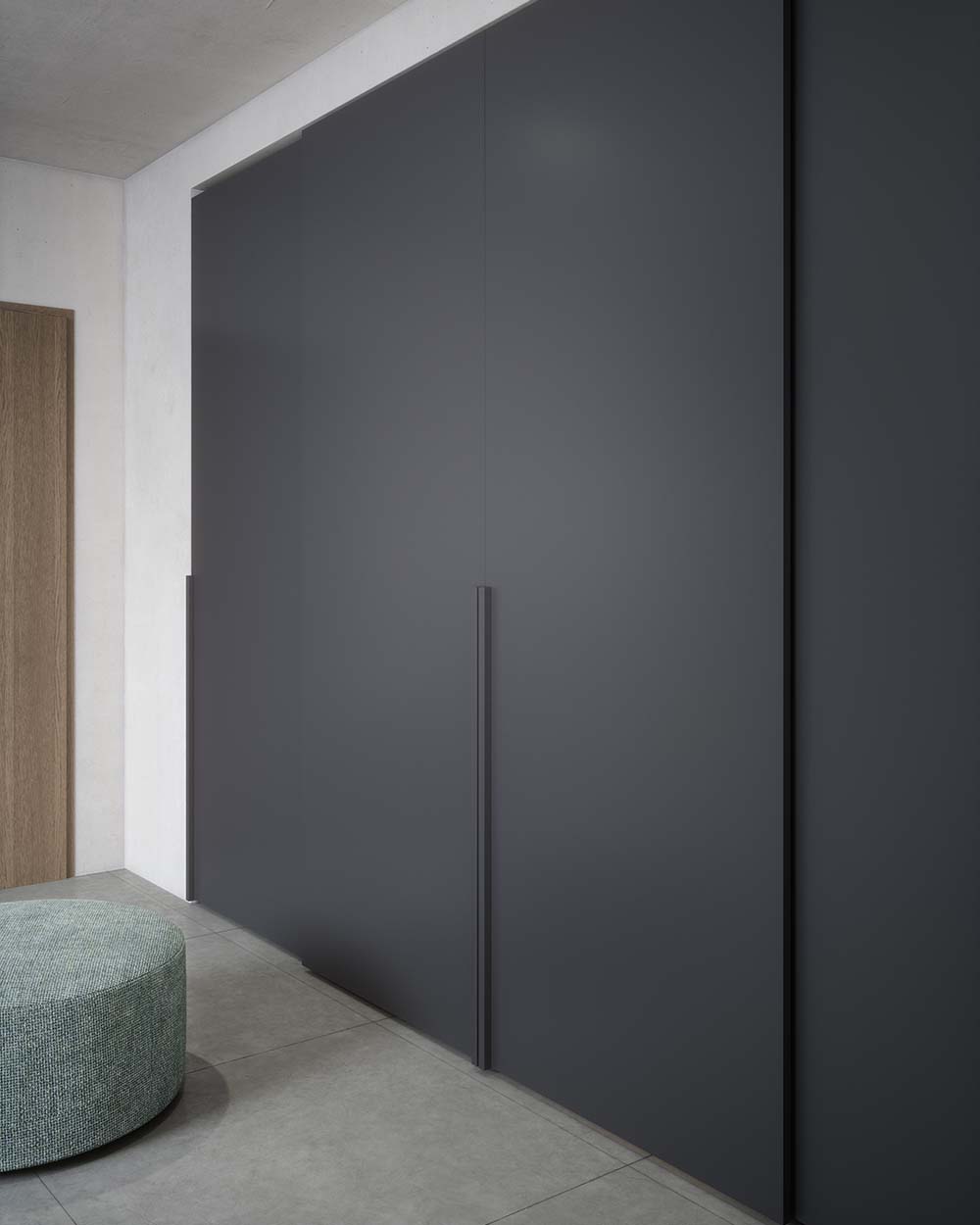 Grey modern Italian sliding wardrobe, designed and fitted by Krieder UK.