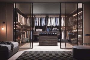 Luxury, double-sided standalone walk-in wardrobe unit, fitted to your home by Krieder.