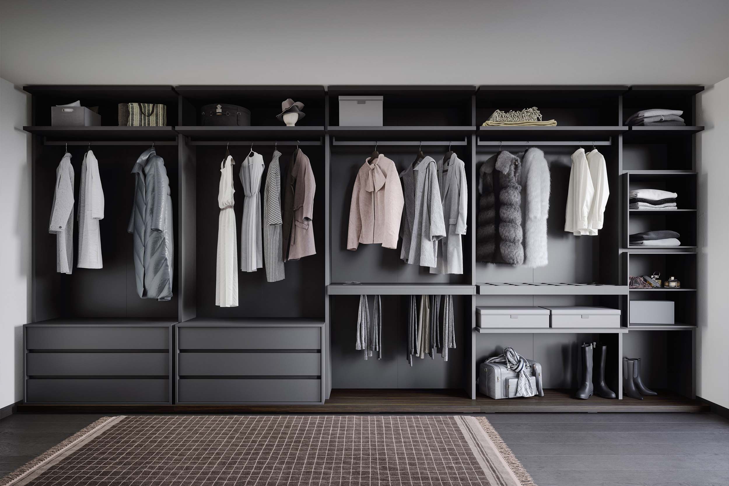 Designer luxury walk-in wardrobes system elements, fitted to your bedroom by Krieder UK.