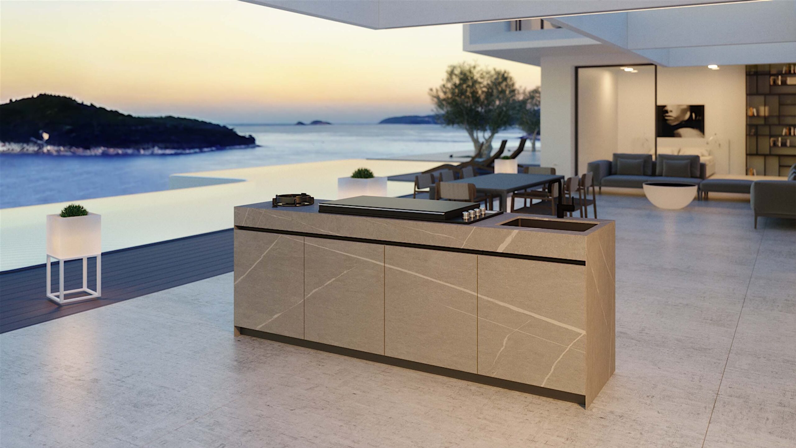 Luxury ceramic modern outdoor kitchen island. Designed and installed by Krieder UK.