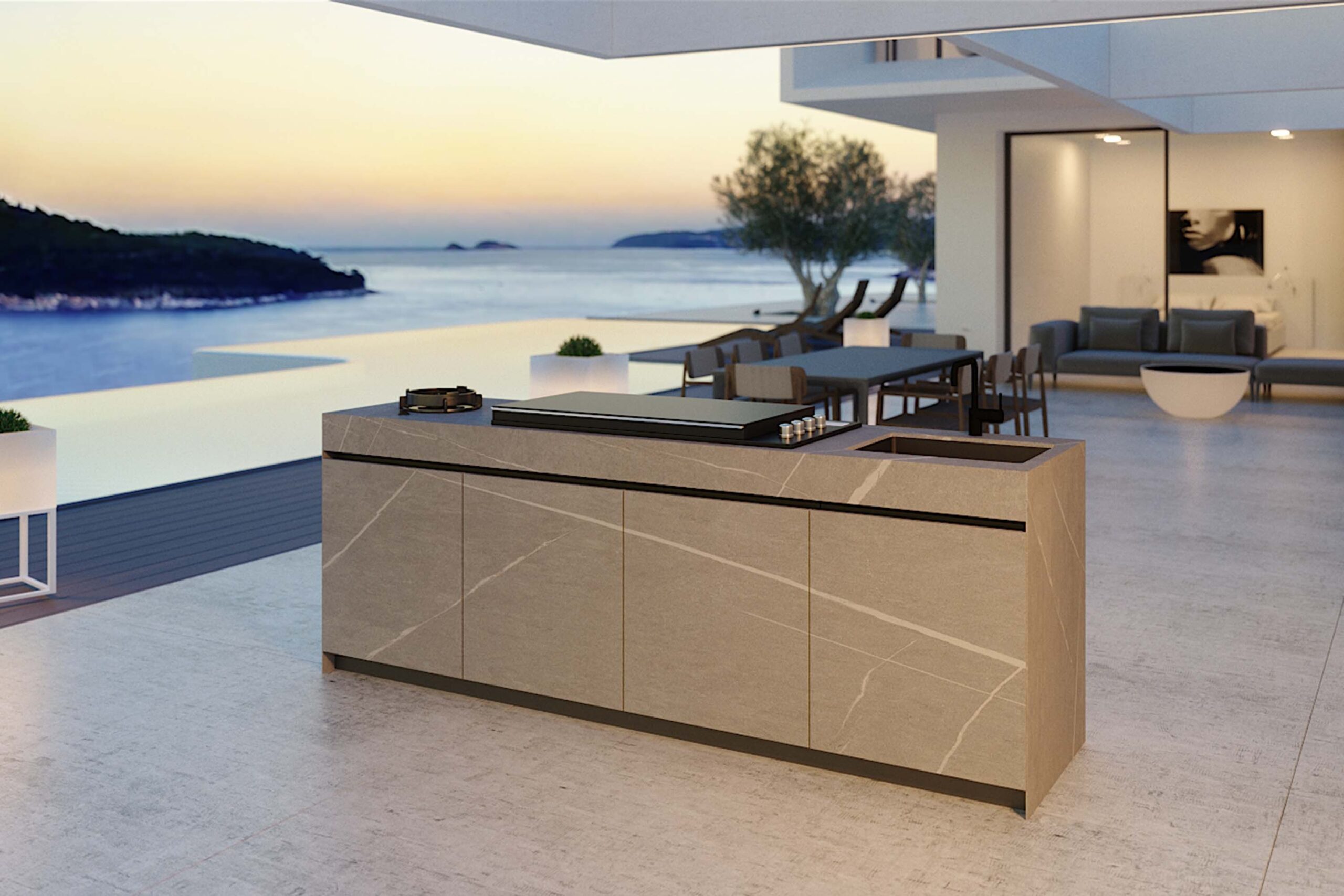 Luxury ceramic modern outdoor kitchen island. Designed and installed by Krieder UK.