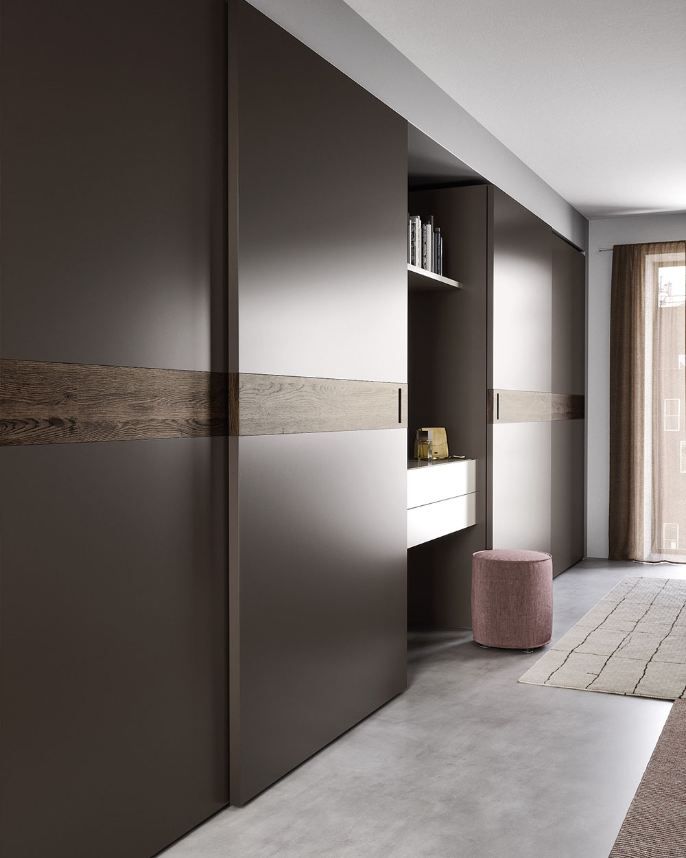 Handcrafted wooden luxury Italian sliding wardrobe with high quality wood. Designed and installed by Krieder for your modern home.