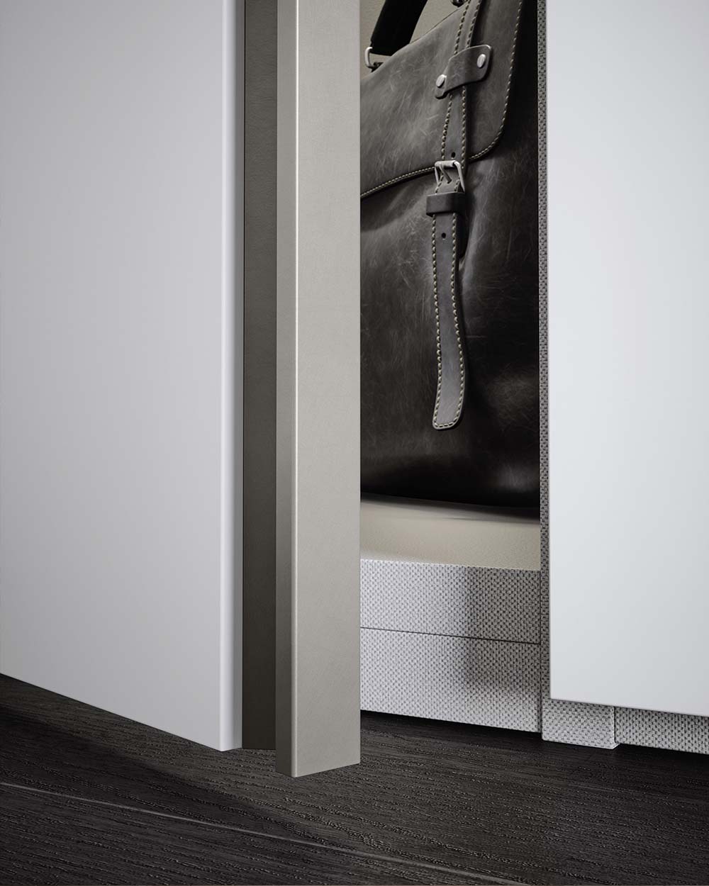 White fitted modular wardrobe units with luxury TV mounting panel. Designed and fitted by Krieder UK.