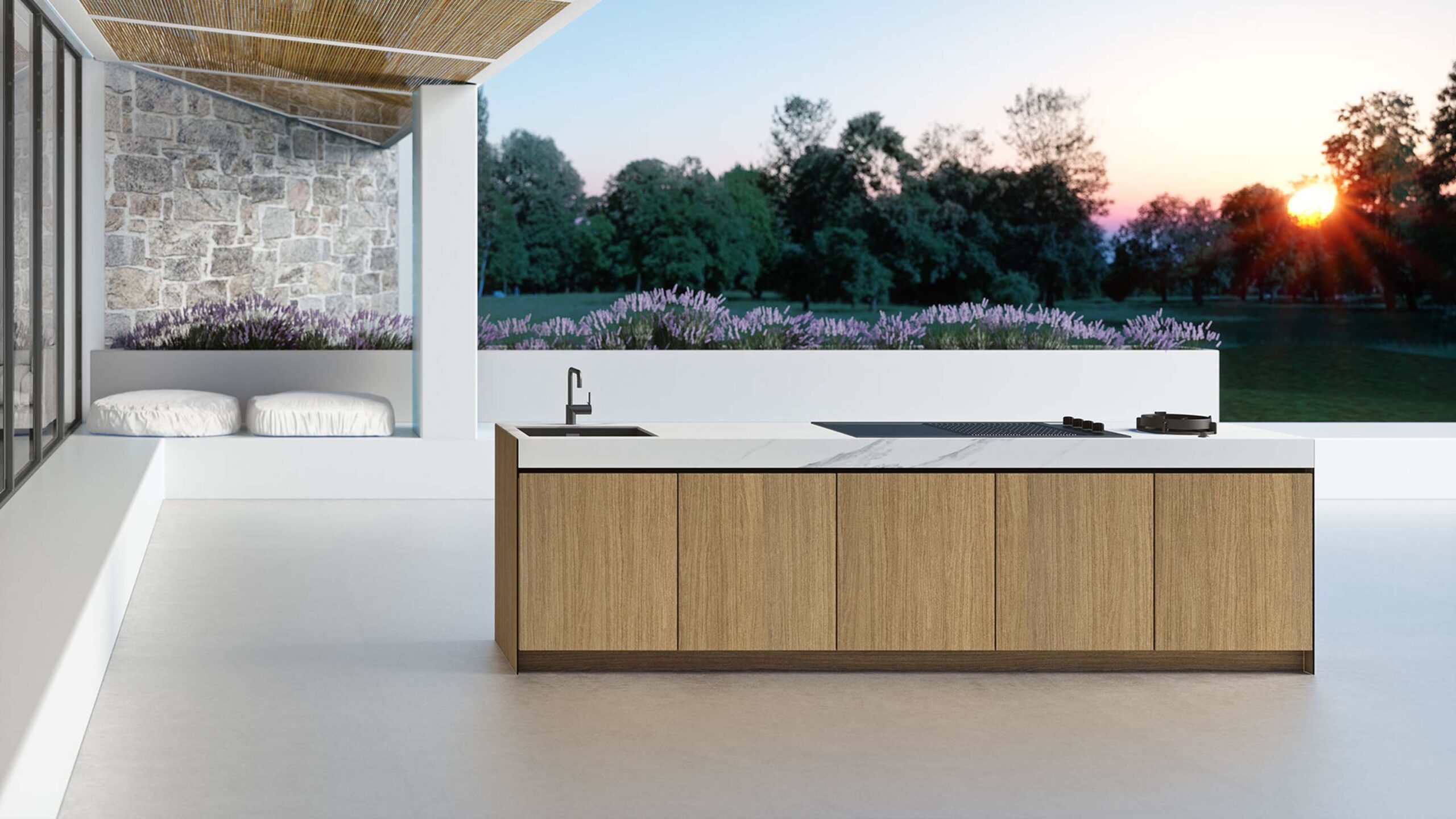 Modern modular outdoor kitchen by Krieder UK. Finished in high pressure laminate (HPL). Designed and installed in your outdoor space.