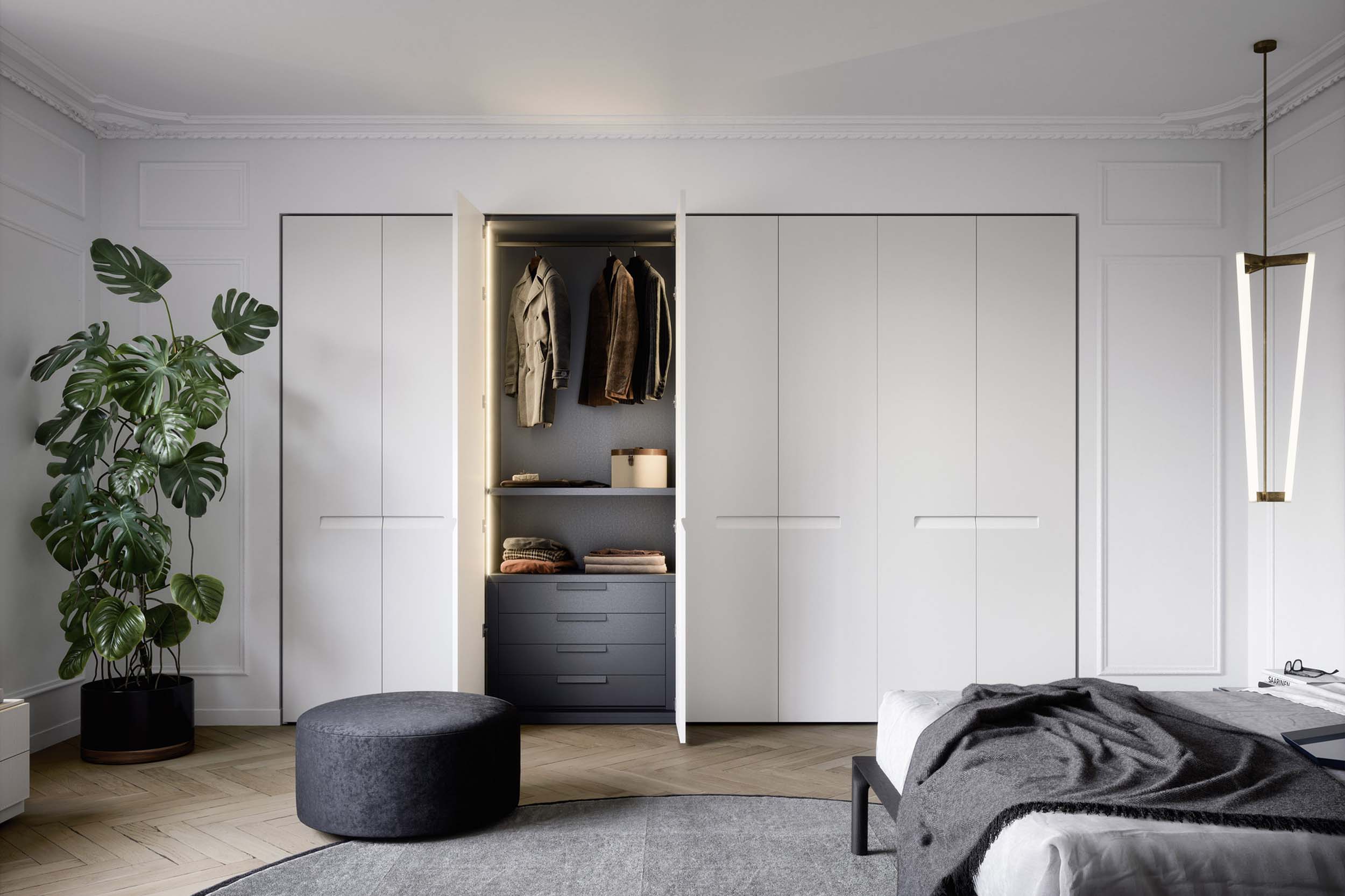 Luxury white fitted wardrobe with recessed handles. Designed and fitted by Krieder UK.