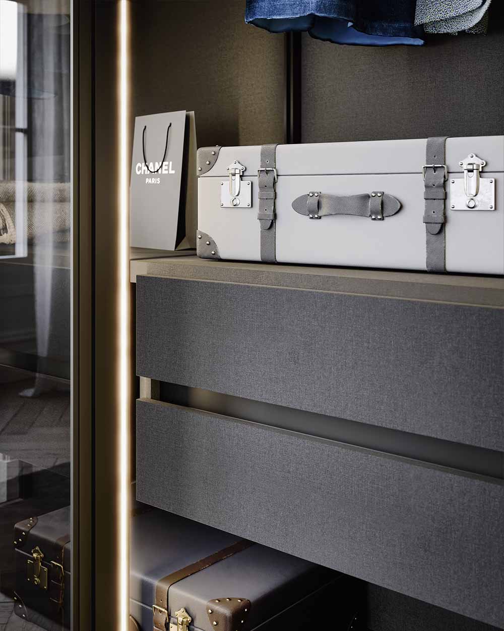 Modern, luxury glass wardrobe system. Designed to fit your interior and fitted by Krieder interior experts.