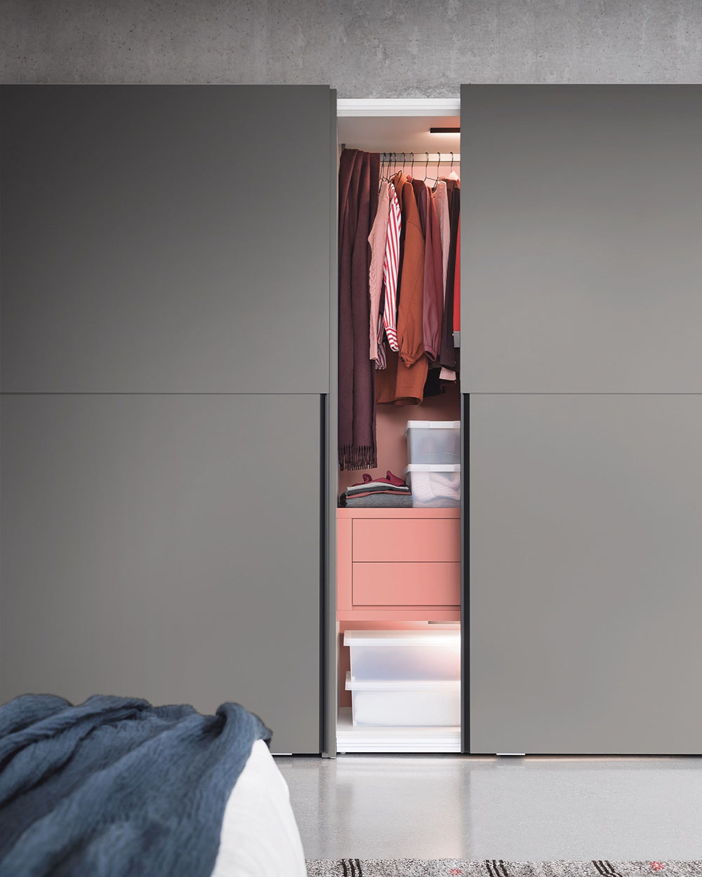 A balanced and minimal designed sliding wardrobe, designed in Italy, fitted to your home by Krieder.