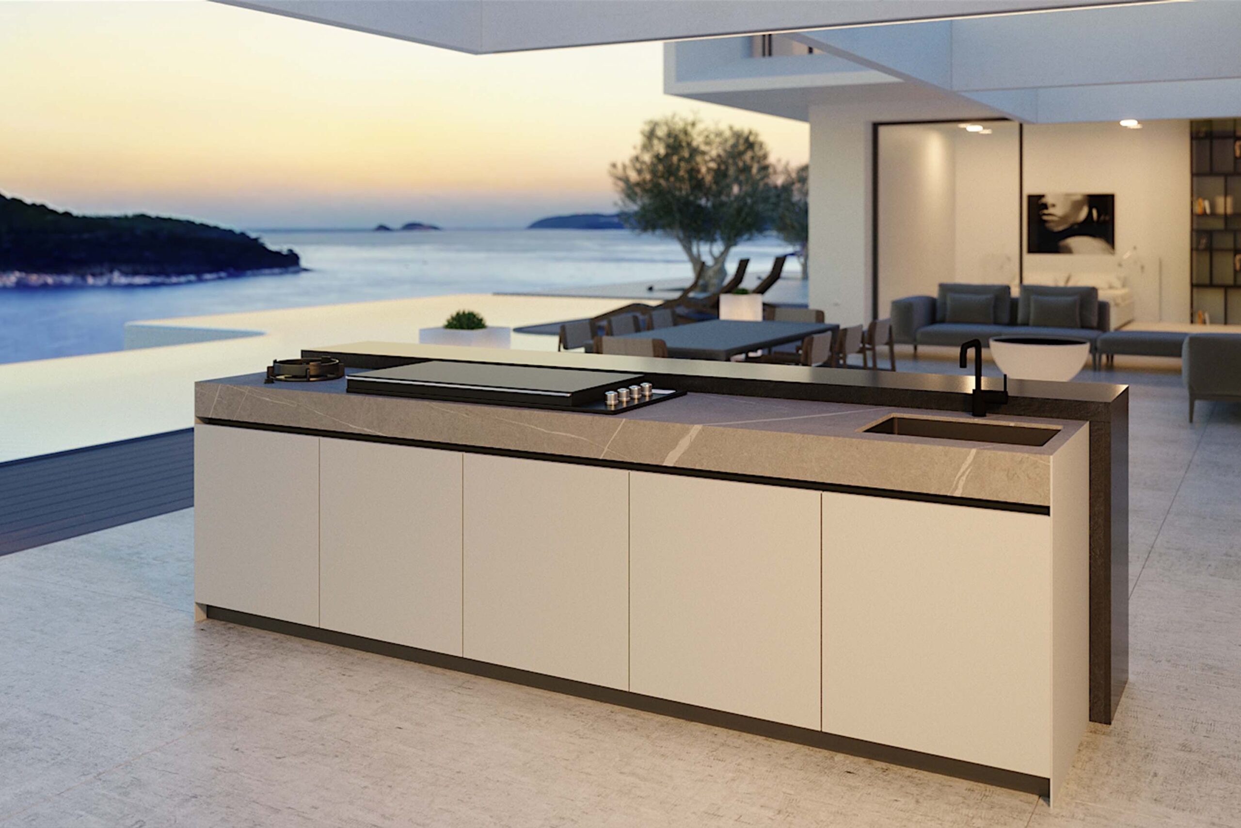 Luxury lacquered modern outdoor kitchen island with Dekton sirus rear facing bar. Designed and installed by Krieder UK.