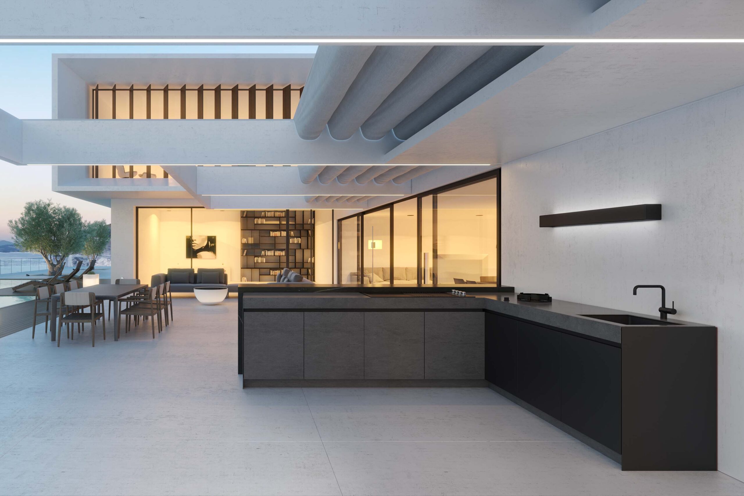 Krieder modern, modular, luxury outdoor kitchen finished in Dekton Kreta concrete effect porcelain.