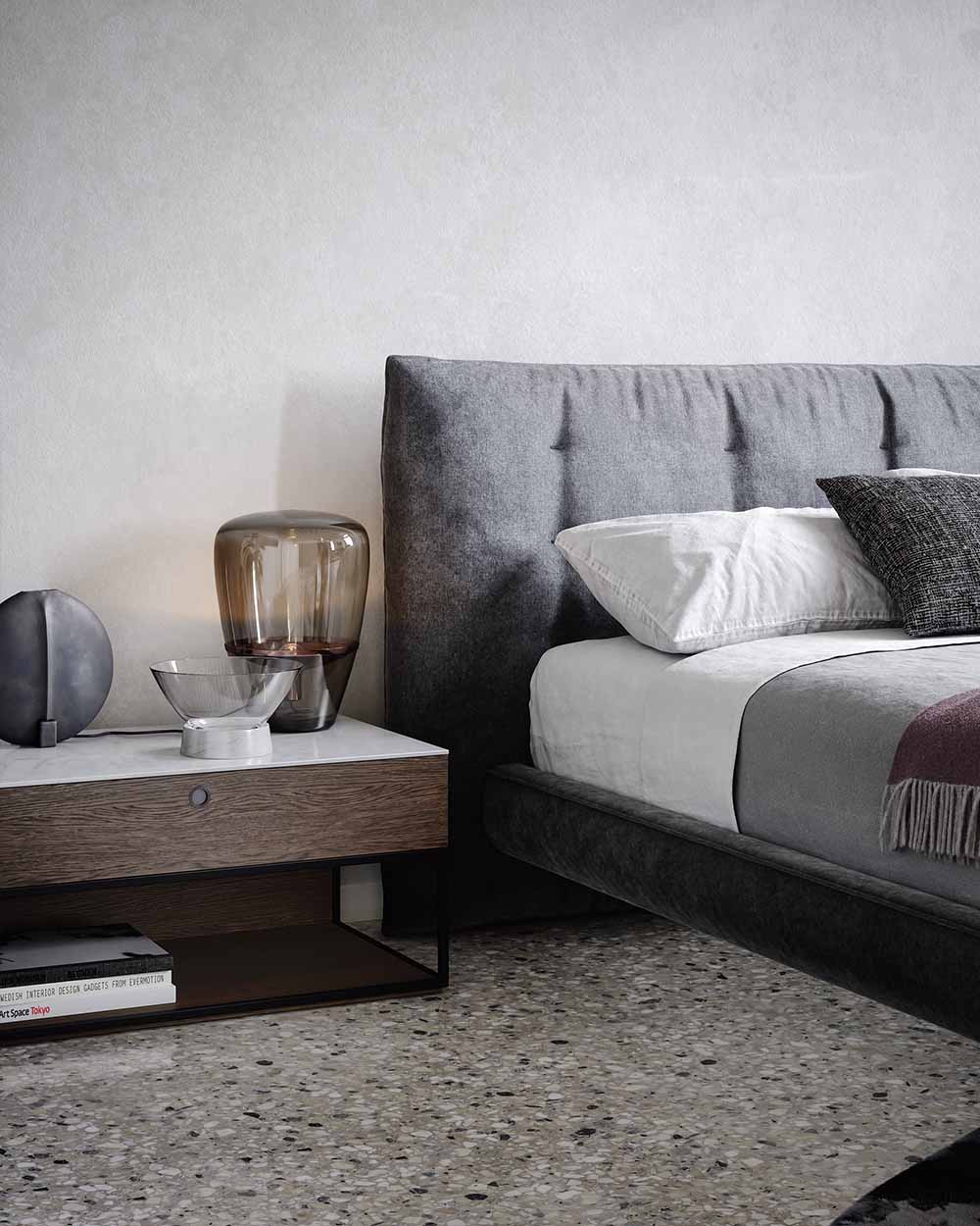 Square luxury Italian bedside table and drawer unit by Novamobili. Sold by Krieder UK.