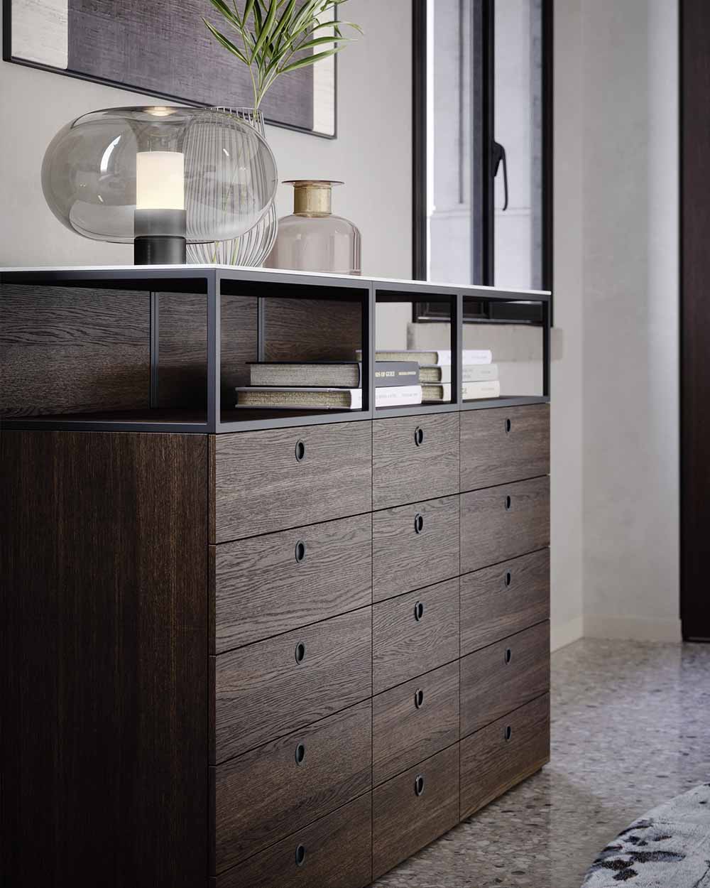 Square luxury Italian bedside table and drawer unit by Novamobili. Sold by Krieder UK.