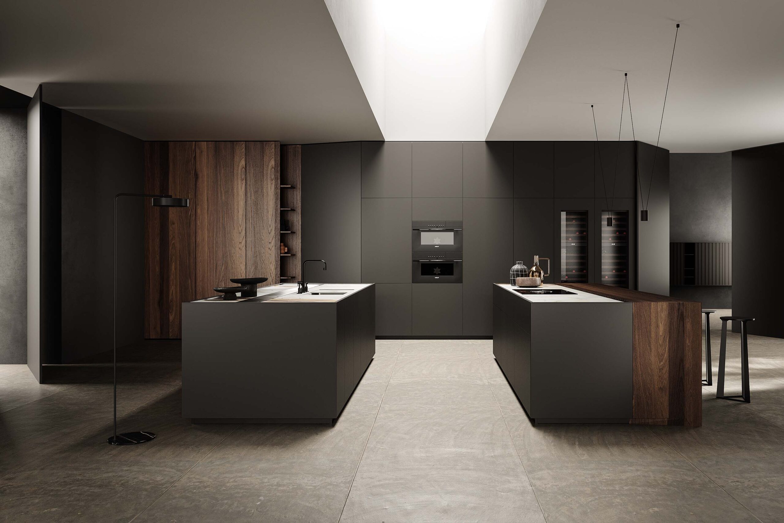 Open-plan kitchen with 2 large facing central islands with luxury finishes; wood veneer, coated aluminium and quartzite, New luxury kitchen.