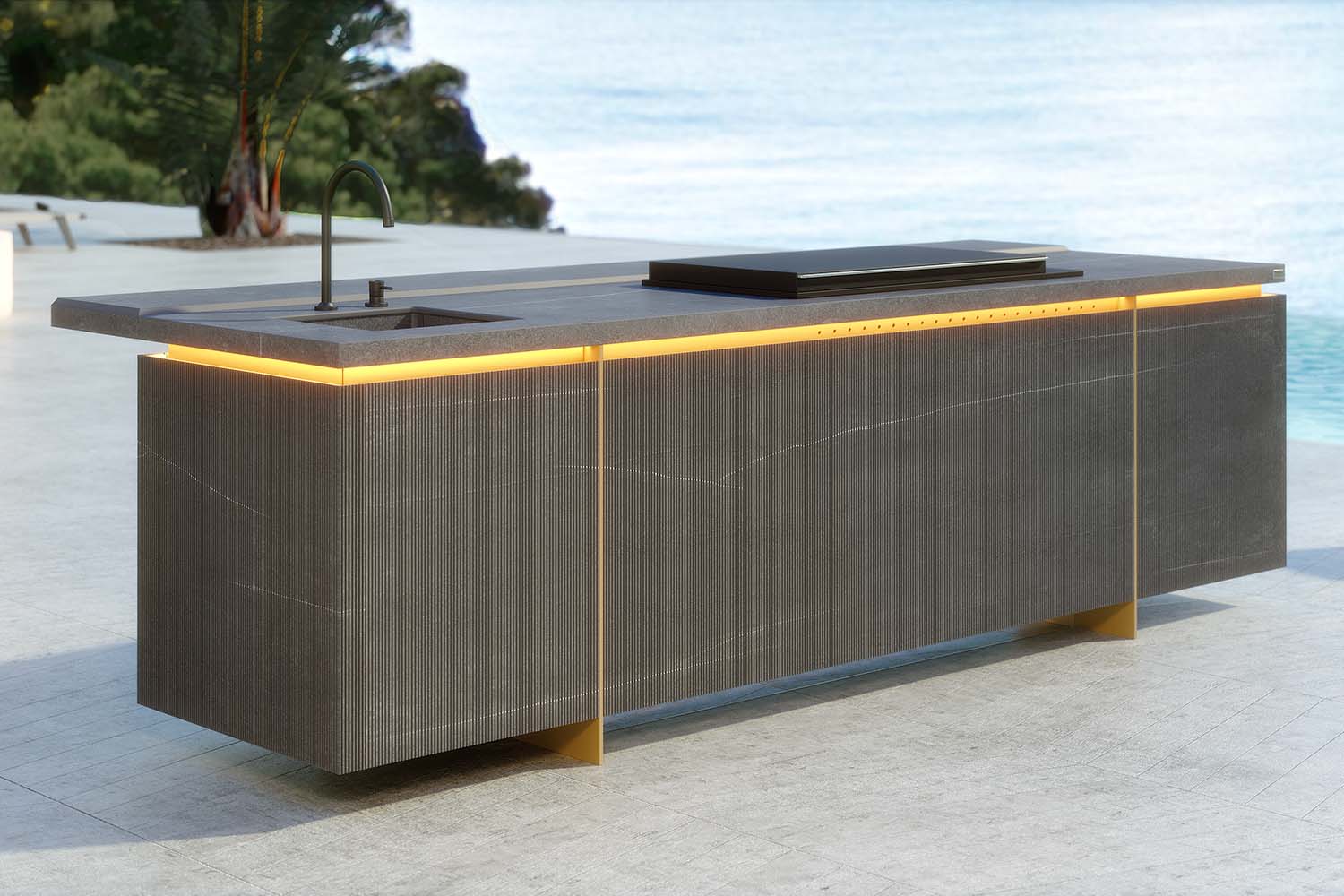 Grey stone modern outdoor kitchen with floating design. Designed and fitted by Krieder UK.