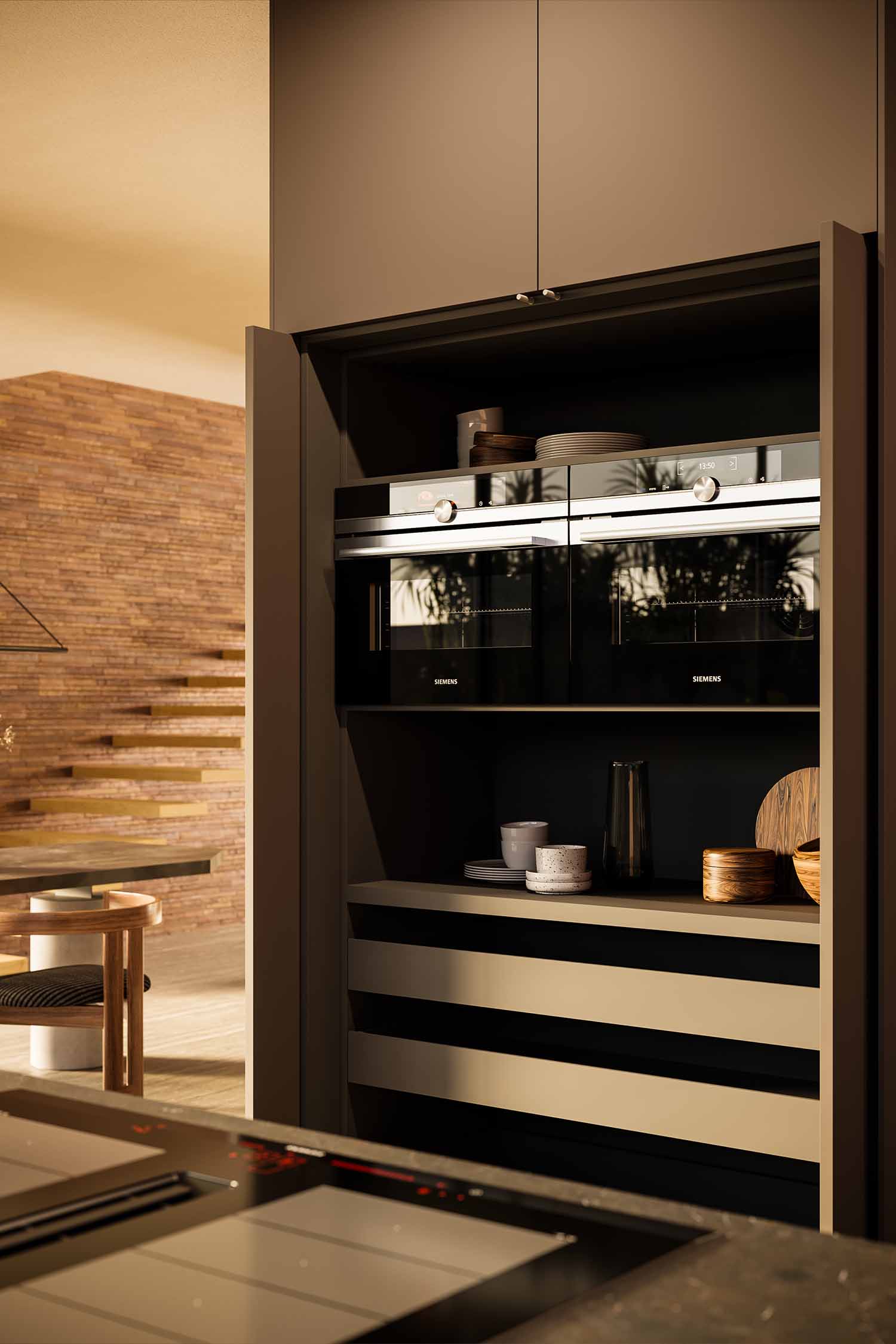 A close-up of a built-in oven and microwave unit. The black glass appliances are seamlessly integrated into a tall, matte black cabinet wall, highlighting the clean, minimalist aesthetic.