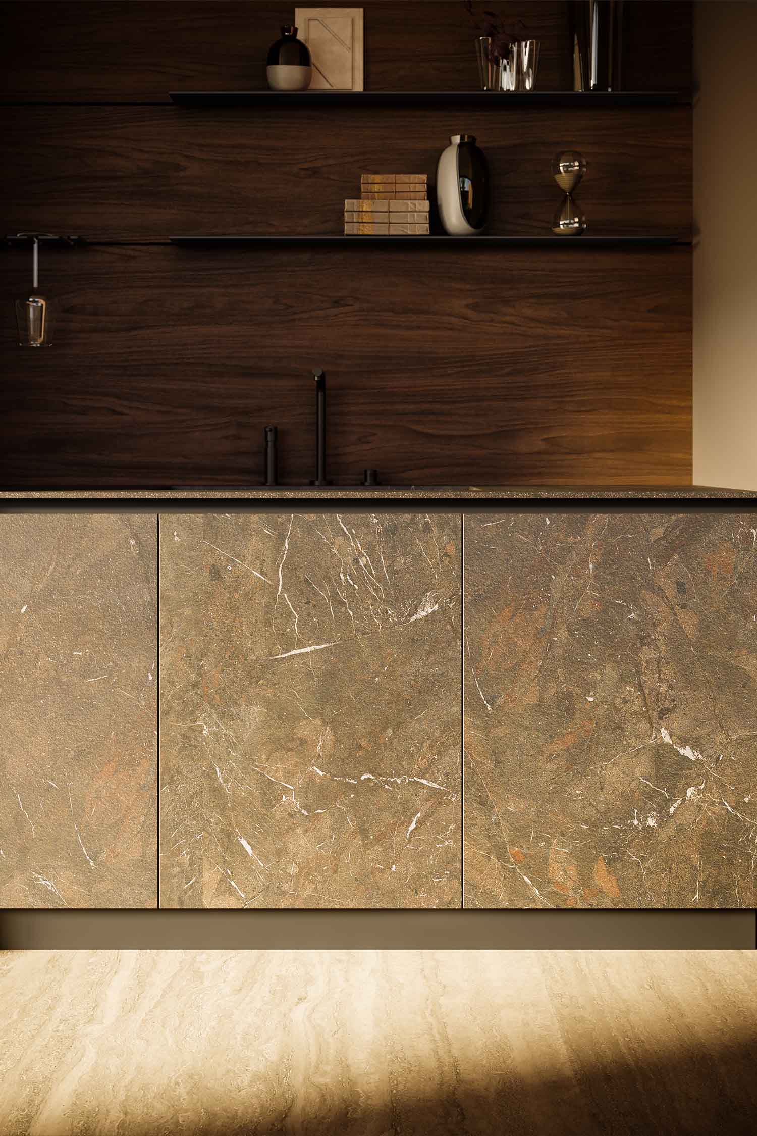 An image showing a hidden door in the kitchen cabinetry, which leads to a walk-in pantry or utility room. The door is matte black and blends seamlessly into the wall of tall cabinets, maintaining the streamlined, handleless design.