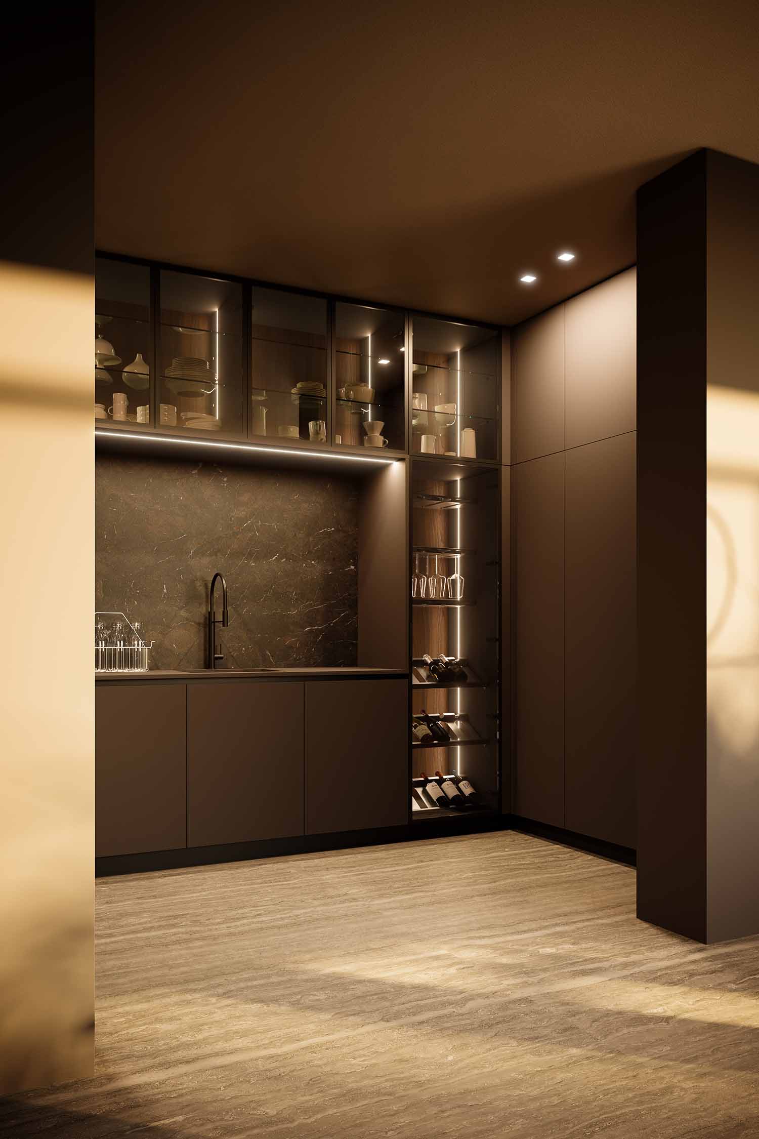A close-up of a kitchen drawer opened to reveal a hidden, organized cutlery and utensil insert. The drawer is pulled out from a dark wood-grained cabinet, demonstrating the intelligent use of space and minimalist design.