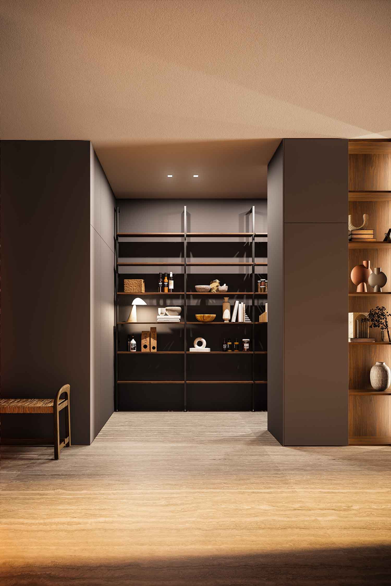 A shot of a pull-out spice rack from a kitchen cabinet. The rack is made of light wood with clear glass dividers and holds an assortment of spice jars, showcasing a practical and organized storage solution.