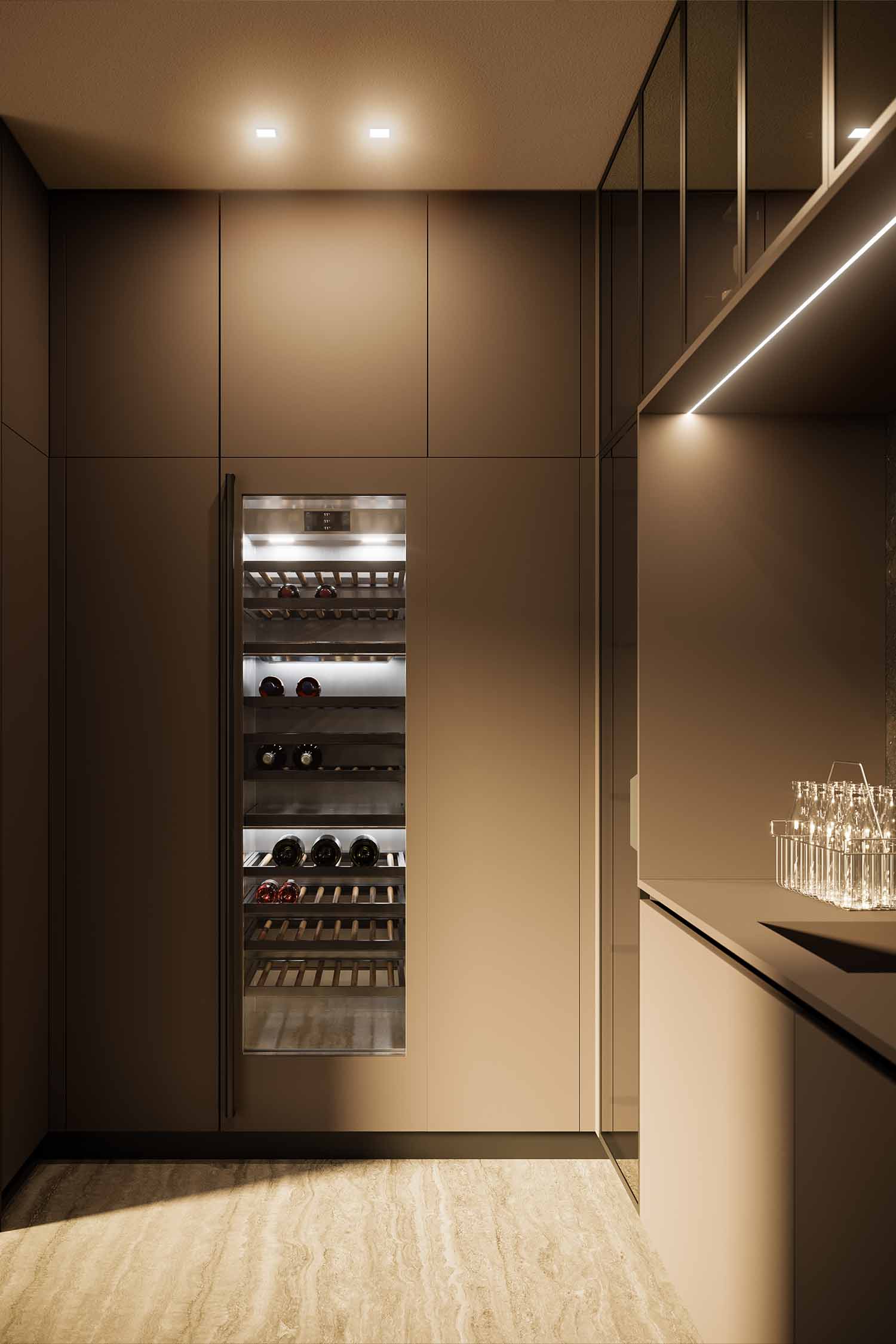 A detailed view of a black, minimalist kitchen faucet. The faucet has a thin, elegant spout and a single lever, highlighting the modern and functional design.