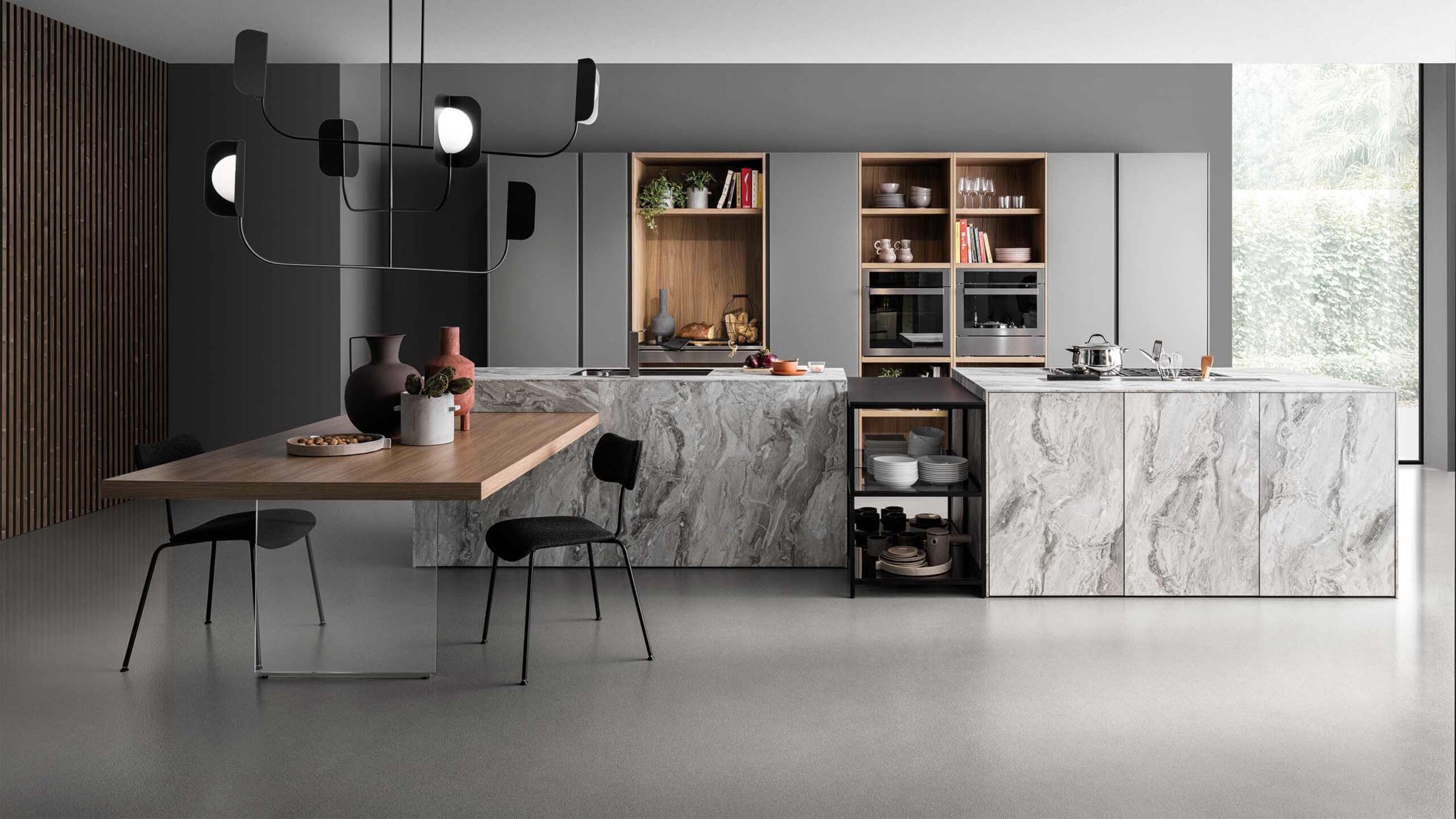 Luxury marble effect kitchen with snack bar and warm modern finishes