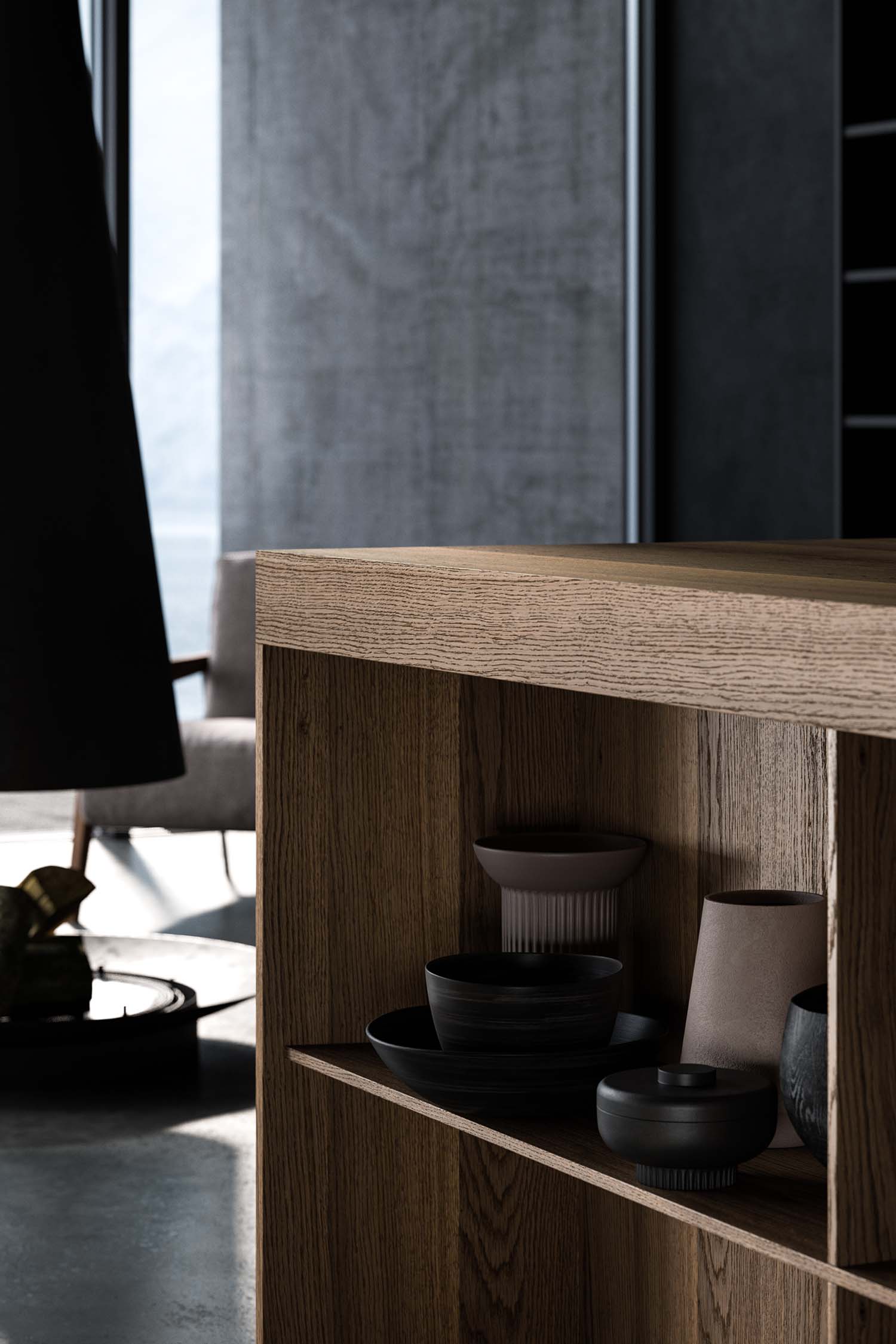 A detailed shot of an integrated pull-out drawer with a wooden interior organizer. The drawer is neatly segmented to hold bottles, showing a functional and bespoke storage solution.