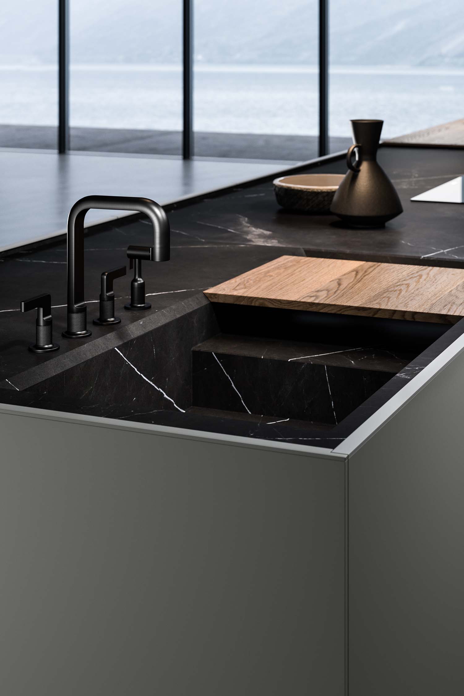 A close-up of a dark wood veneer kitchen cabinet with a subtle, vertical slatted texture. The image highlights the natural wood grain and the modern, linear design.