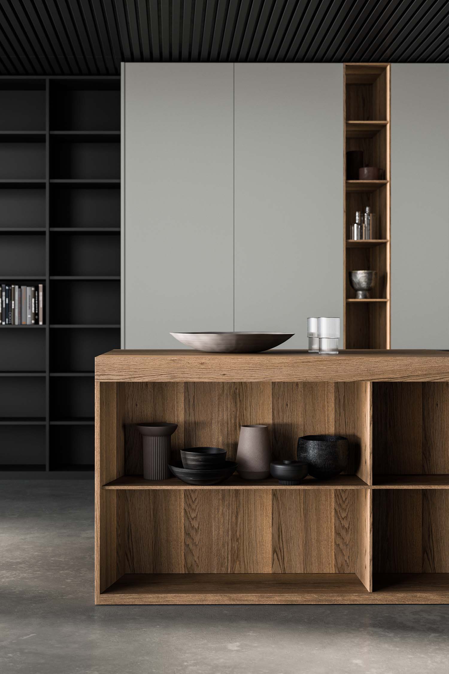 A detailed shot of a minimalist kitchen pantry with open doors. The interior is a warm wood finish with integrated lighting, highlighting a single open shelf with a glass display container.