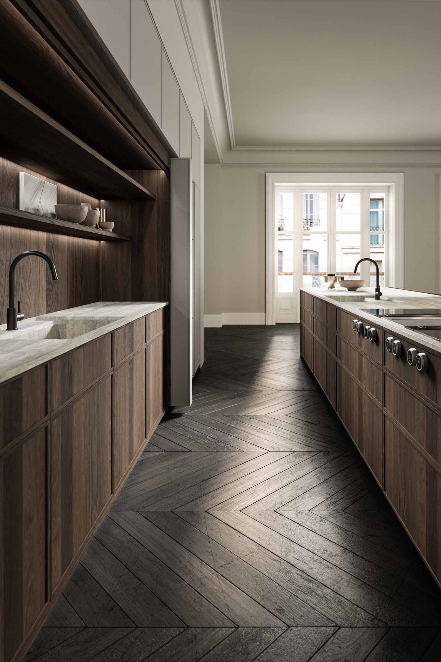 A close-up detail of a minimalist kitchen island's sink area, showcasing a rectangular, integrated sink and a sleek black pull-out faucet.