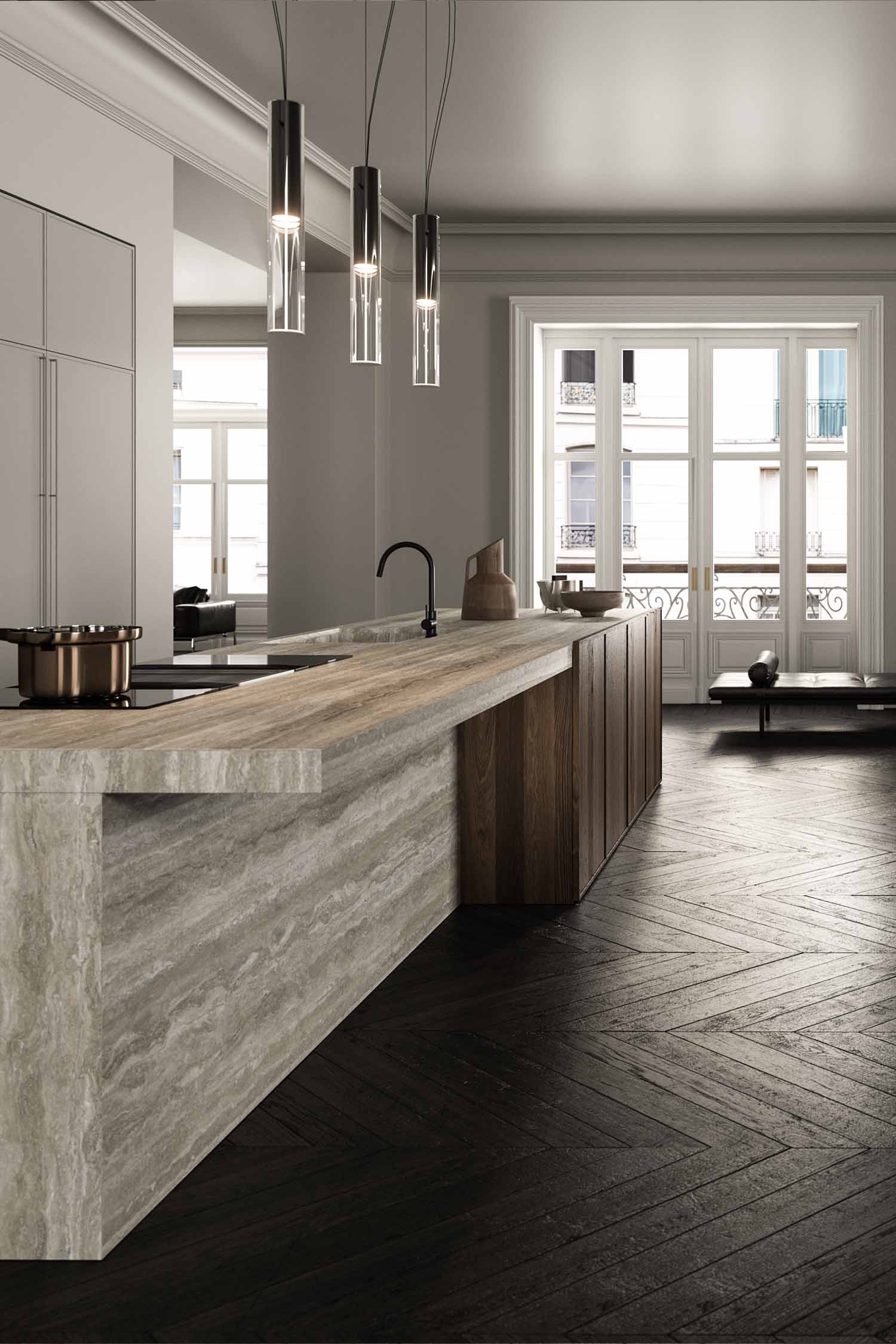 A close-up, angled view of a kitchen's built-in double ovens with a black glass front, seamlessly integrated into a tall dark grey or black cabinet.