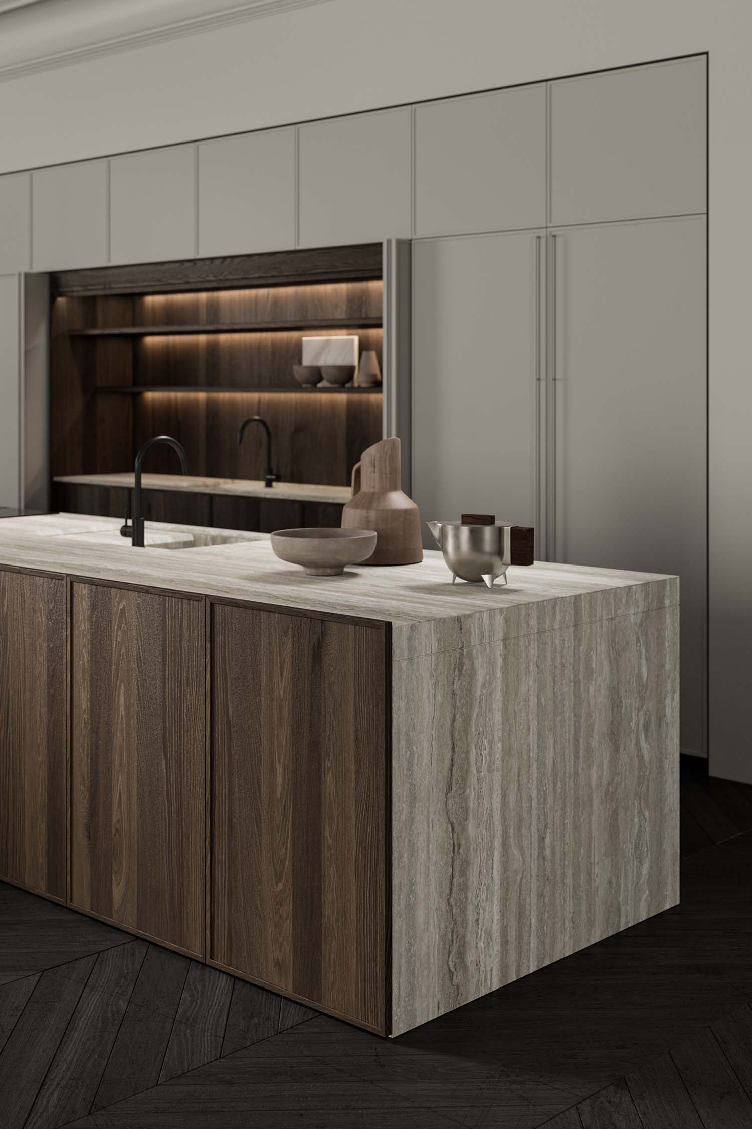 A detail shot of an open kitchen drawer revealing a bespoke wooden cutlery organizer and built-in lighting on the top panel.