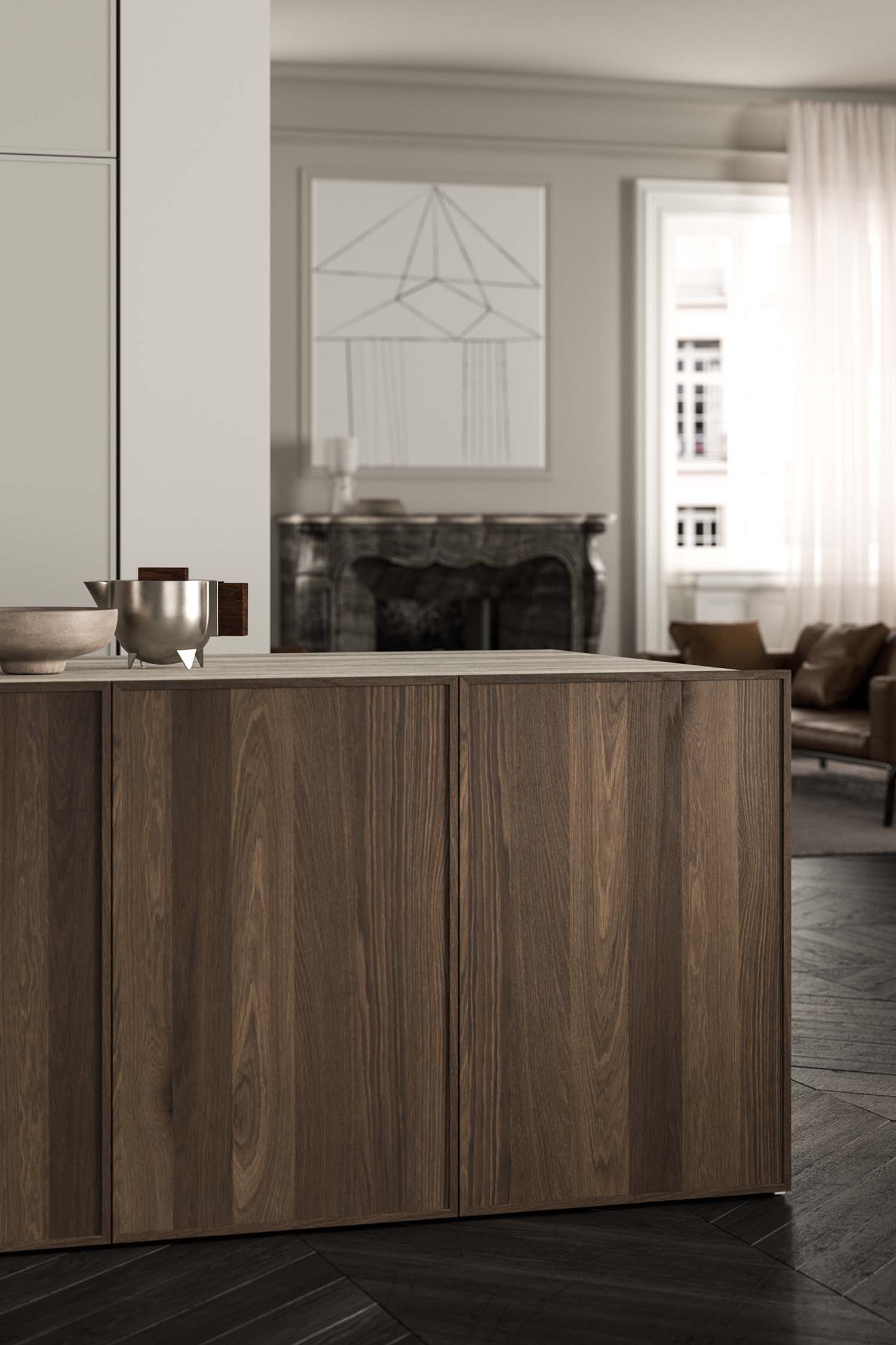 A close-up of a kitchen's drawer fronts. The doors are a warm, natural wood veneer with a distinctive "tray door" or framed design, emphasizing the texture and grain of the wood.