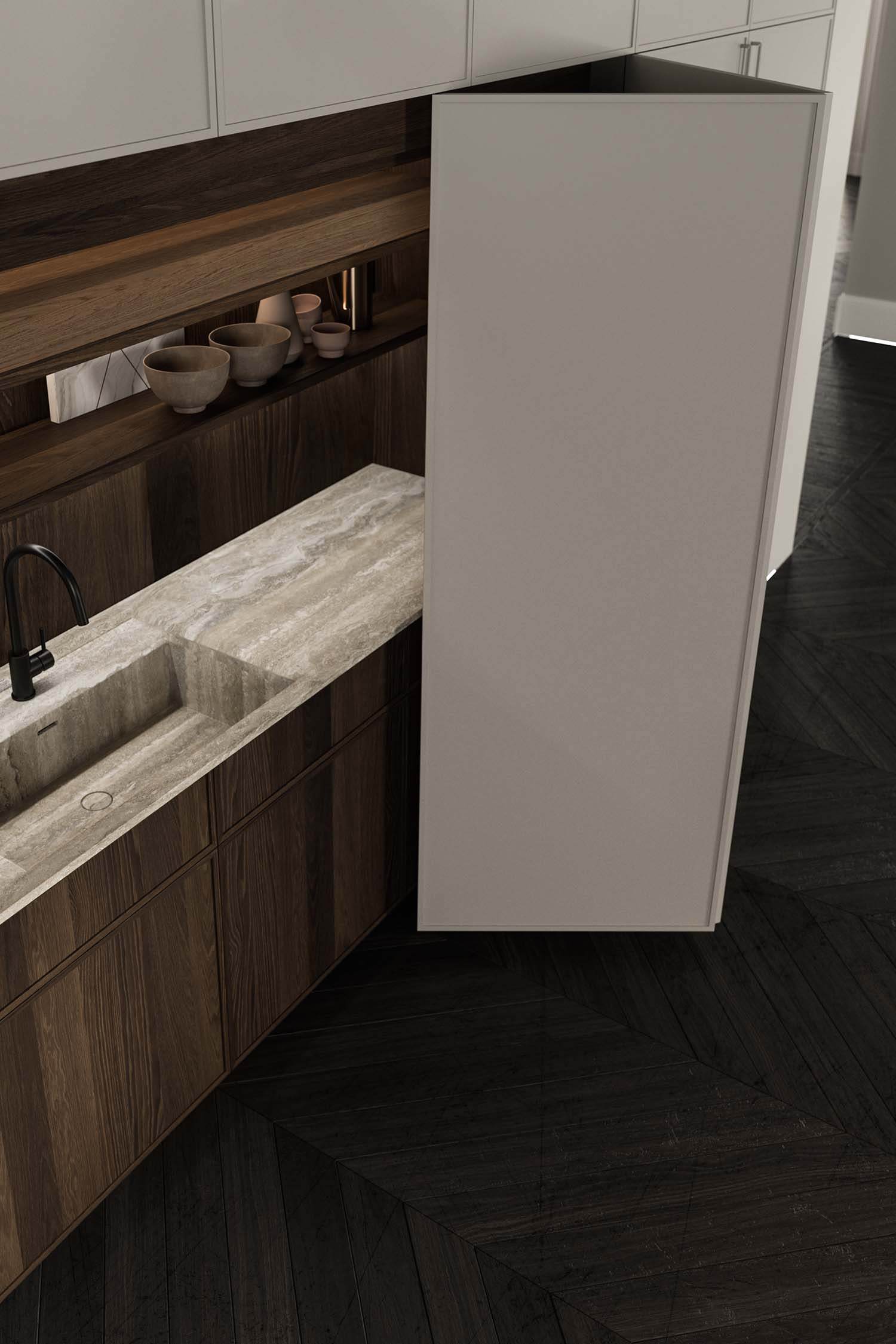 A close-up of a kitchen's open interior, showing a built-in wooden shelf or countertop with an integrated strip of LED lighting.