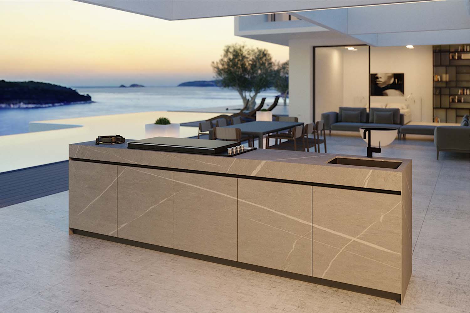 Modular outdoor kitchen composite highlighting different zones: grilling, integrated ceramic sink, and generous counter space for prep.